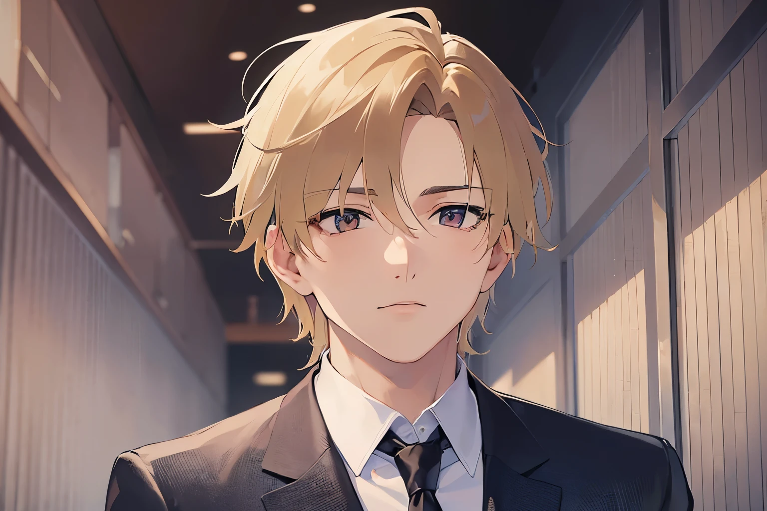 (looking away:1.5), upper body、shiny skin、masterpiece、highest quality、BREAK (25-year-old male:1.5) and (Blonde short hair) and (Orange eyes), (Wearing a suit:1.3) and (tie) BREAK standing、Bad mood、The background is the office、(alone:1.5)、Upper body is shown、