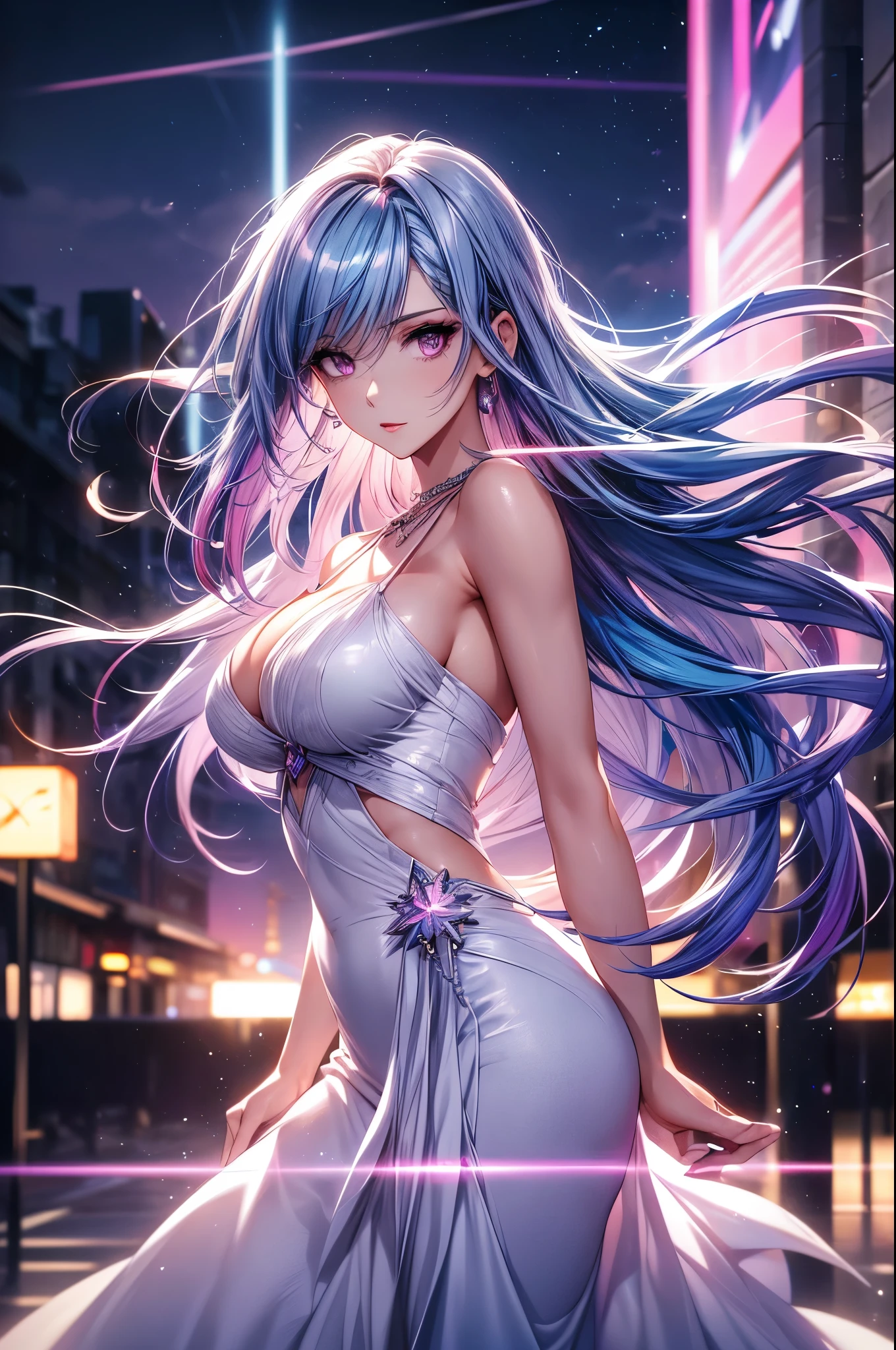 1 girl, 20 year old girl, one person, (Silver blue hair streaked pink purple:1.4), (Gradient sky blue hair ends:1.6), hair strand, absurdly long hair, single sidelock, wavy hair, shiny hair, floating hair, (Illusion deep purple eyes), delicate eyes, aqua eyes, super high detailed eyes, long upper eyelashes, ((glowing eyes)), makeup, Focus on face, Very detailed facial, Pretty Face, Perfect , hot body, (Delicate skin texture:1.2), break, White extra long skirt, Fashion Clothing, necklace, Technical clothing masterpiece, on the street, looking at the starry night sky, meteor, cyberpunk, detailed background, perfect layer cut, clean focus, Octane Render, Tyndall effect, lifelike, Dark Studio, Side light, Two-color lighting, realism, chiaroscuro, (glowing light), sparkle, ray tracing, cinematic lighting, Futurism, motion blur, atmospheric perspective, Depth of Field, Bokeh, best quality, UHD, super detail, masterpiece, highres, ccurate, retina, anatomically correct