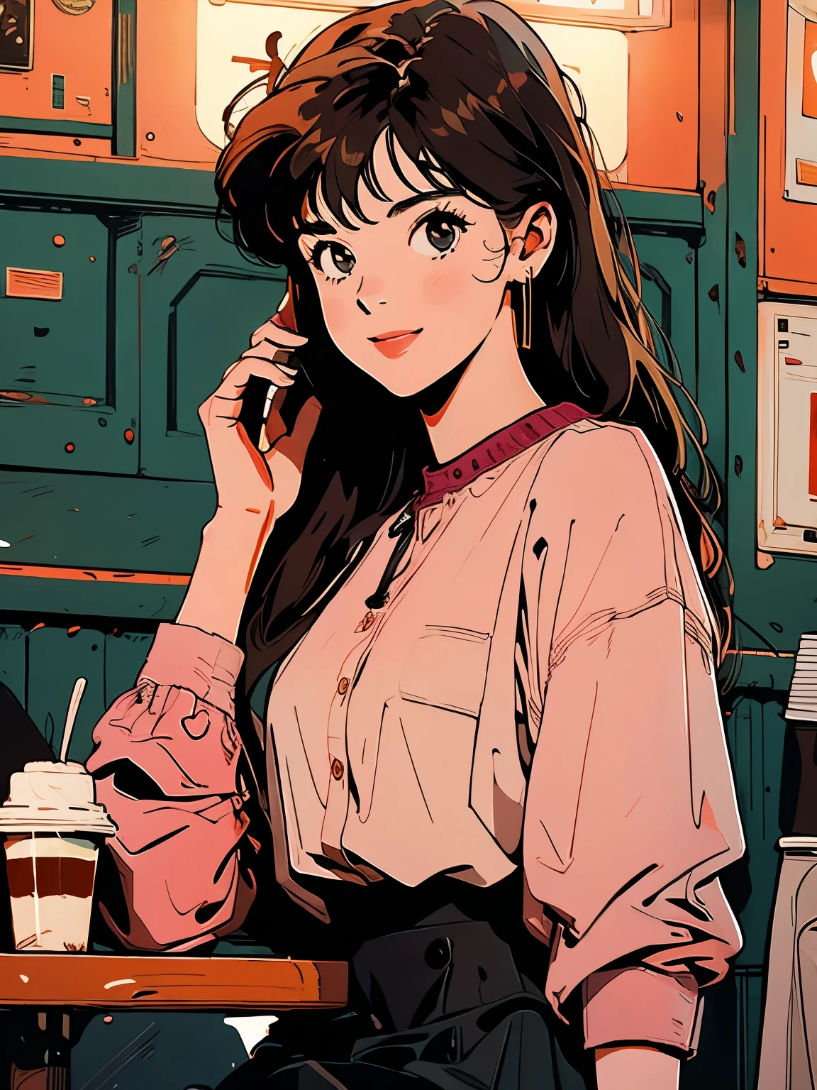 whole body, Upper Body, On the phone, Coffee shop, 1 girl, 4k, Warm colors , skirt, blouse, smile