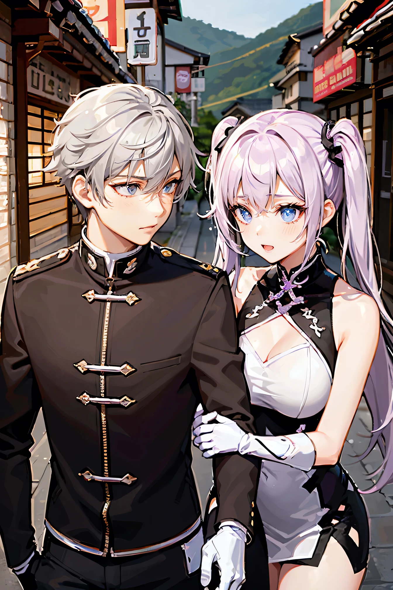 ((Girls and couples: 1.3)), Top quality, Super high resolution, Cute, (KPOP idol), (Long twin tails), (Light purple hair: 1), ((Big eyes)), Staring at you,
BREAK ((upper body: 1.3)), front view, a character with long flowing silver hair, a slender physique, and a black and white costume with thigh-high boots and gloves. Walking through the streets of Jiufen, Taiwan.