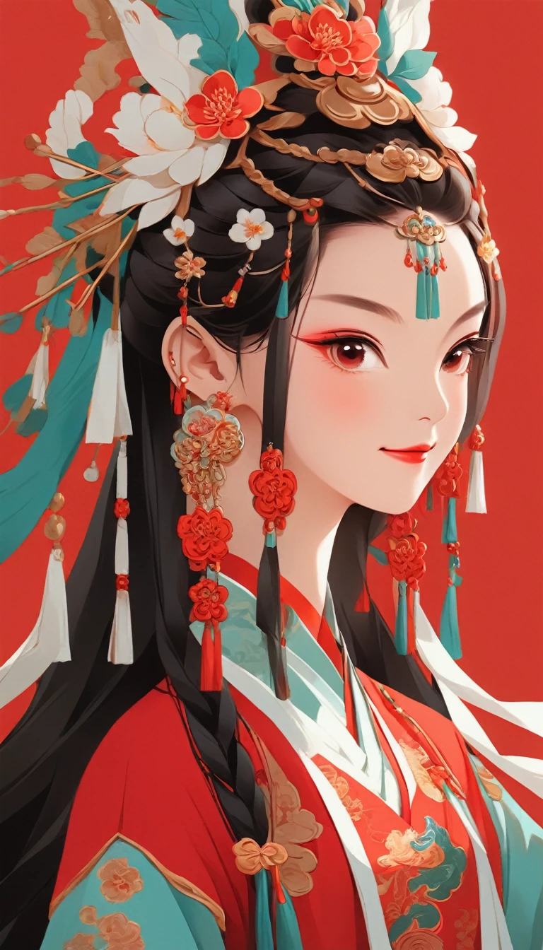 vector art,whole body,Flat illustration style of a cute Chinese girl, Double braid brunette, Smile, Wearing earrings, close up,Modern and simple,Red background