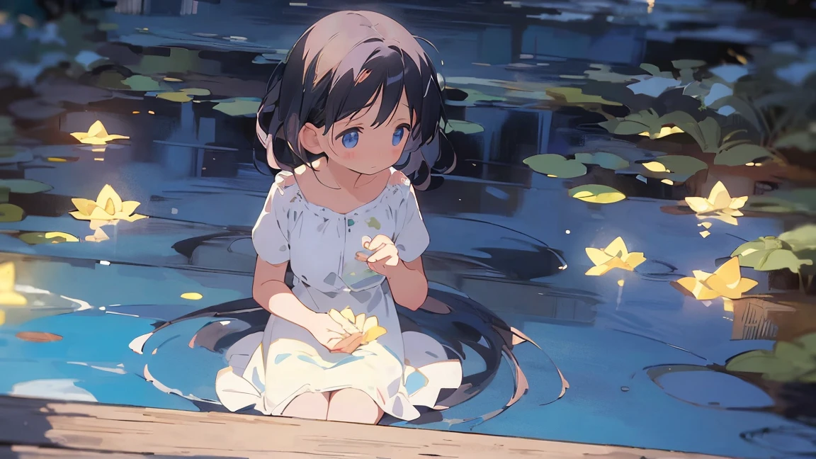 Absurd, High resolution, (Anime Style:1.1), ((Tabletop)), ((highest quality)), (Very detailed), (beautiful), alone, beautiful face、9. Blue Reflection:Woman sitting on the shore of a quiet blue pond,Her reflection is、Blend in with the nature around her。The surface of the water ripples gently,Creates a sense of tranquility and clarity。,Low - Angle
