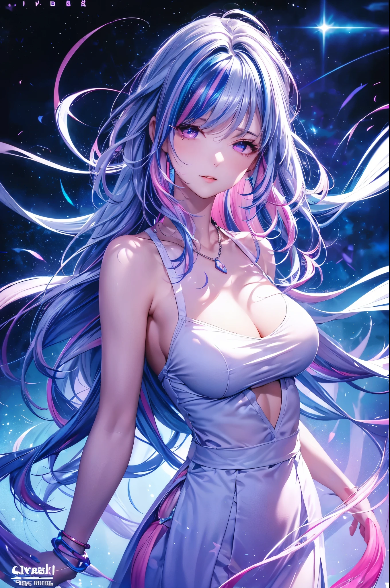 1 girl, 20 year old girl, one person, (Silver blue hair streaked pink purple:1.4), (Gradient sky blue hair ends:1.6), hair strand, absurdly long hair, single sidelock, wavy hair, shiny hair, floating hair, (Illusion deep purple eyes), delicate eyes, aqua eyes, super high detailed eyes, long upper eyelashes, ((glowing eyes)), makeup, Focus on face, Very detailed facial, Pretty Face, Perfect breasts, hot body, (Delicate skin texture:1.2), break,
White extra long skirt, Fashion Clothing, necklace, Technical clothing masterpiece, on the street, looking at the starry night sky, meteor, cyberpunk, detailed background, perfect layer cut, clean focus, (magazine:1.3), (cover-style:1.3), Octane Render, Tyndall effect, lifelike, Dark Studio, Side light, Two-color lighting, realism, chiaroscuro, (glowing light), sparkle, ray tracing, cinematic lighting, Futurism, motion blur, atmospheric perspective, Depth of Field, Bokeh, best quality, UHD, super detail, masterpiece, highres, ccurate, retina, anatomically correct