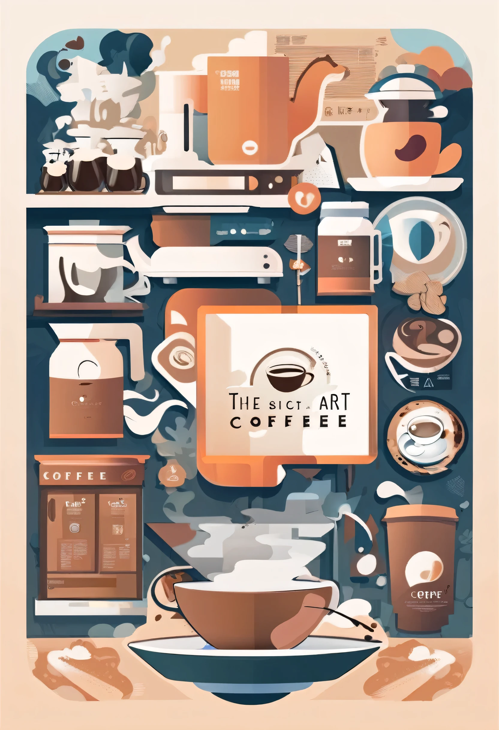 Cover,Coffee elements，Rich in Coffee elements，The background is simple and clean，flat design, Vector illustration, Icon, detailed 2d illustration, Flat illustration, Digital Illustration, Digital Artwork,No text poster，Art work