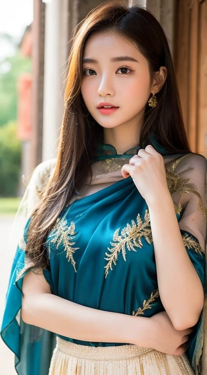 Beautiful girl, myanmar, wearing traditional costume,realistics, elegant, cute, sweet, lovely, slong hair, brown hair, full body, super fine face, perfect body, glossy skin, highest quality, masterpieces, silk shawl is on the body, complicated and beautiful clothes 