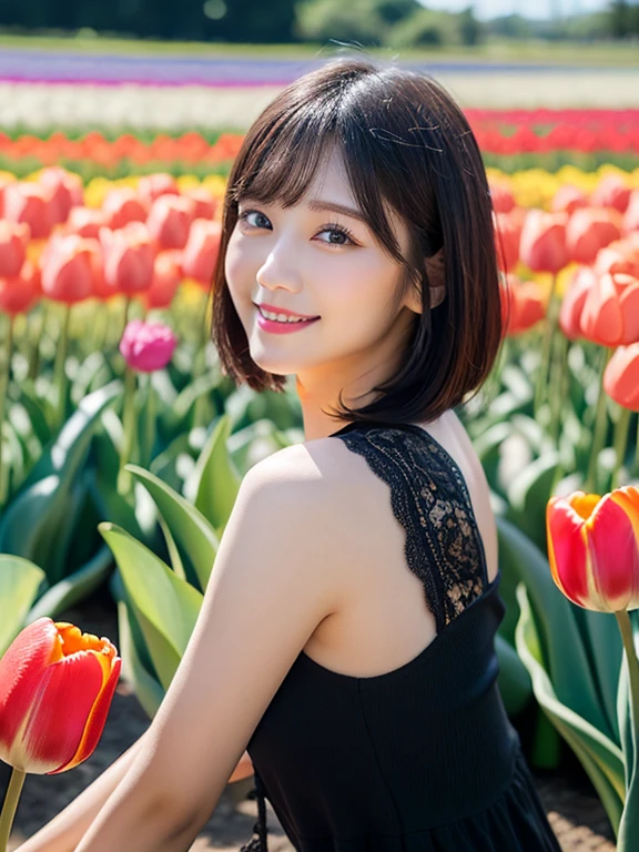 (squat)、(highest quality:1.5)、(Realistic:1.5)、(1 person:1.5)、(Very detailed)、(High resolution)、8k、(Wear a dark dress with lace)、(Small breasts)、Natural color lips、Cute Smile、20-year-old girl、(Beautiful and elaborate face)、(Perfect and beautiful face)、(Big eyes)、(Beautiful and elaborate face)、(Beautiful, balanced eyes)、Beautiful double eyelids、Perfect and beautiful face、Arched thin eyebrows、Cute pose、Slim face、(Slim figure)、Beautiful and thin nose、 Beautiful Skin、(Medium Bob Hair)、Natural Bangs、Fair skin、Front lighting、(Lighting the face)、Deep blue eyes、Slim waistline、(A hill full of colorful tuliplim and beautiful legs、Tulip Fields、