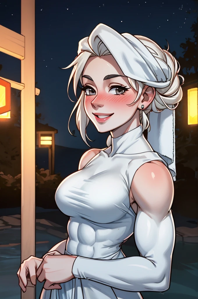 Elsa, ripped muscle, muscular body, pale skin, smile(blush), towel dress, sixpack abs, [ultra detailed skin:1.2], 8k uhd, pussy, full body, crowd, public, stand, night,