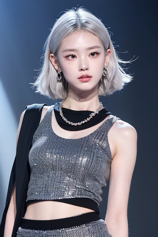 (very detailed body、very detailed face、Best quality:1.2)、FEMALES、I look at the audience、((cool gradient hair color、Bright silver shoulder-length earrings.、necklace、bracelet、Clothes with strong blue contrast, White and black、Asymmetrical clothing、Одежда Fusion Show Fantastico)、nail, group