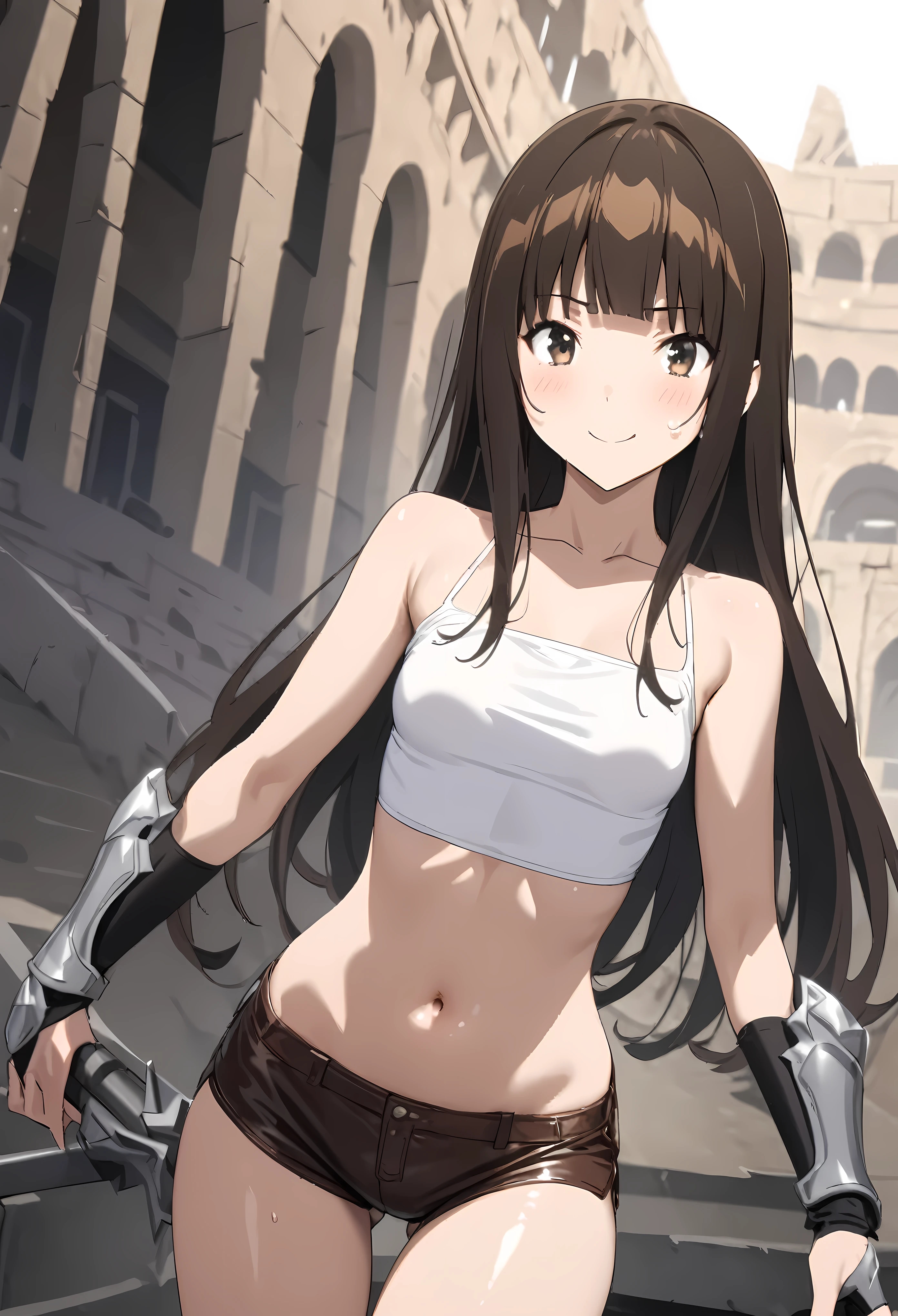 Action Sceneasterpiece, highest quality:1.2)),cowboy shot,1woman,20 year old beauty、solo,semi long hair,dark brown hair,very small head,,A strong smile,slender and long body,skinny,small breasts,oily skin,shiny skin,White tube top、navel、brown leather micro shorts,leather long boots,Iron Elbow Pad、Iron Gauntlet、Fight with bare handartial artist、Coliseum、Arena、