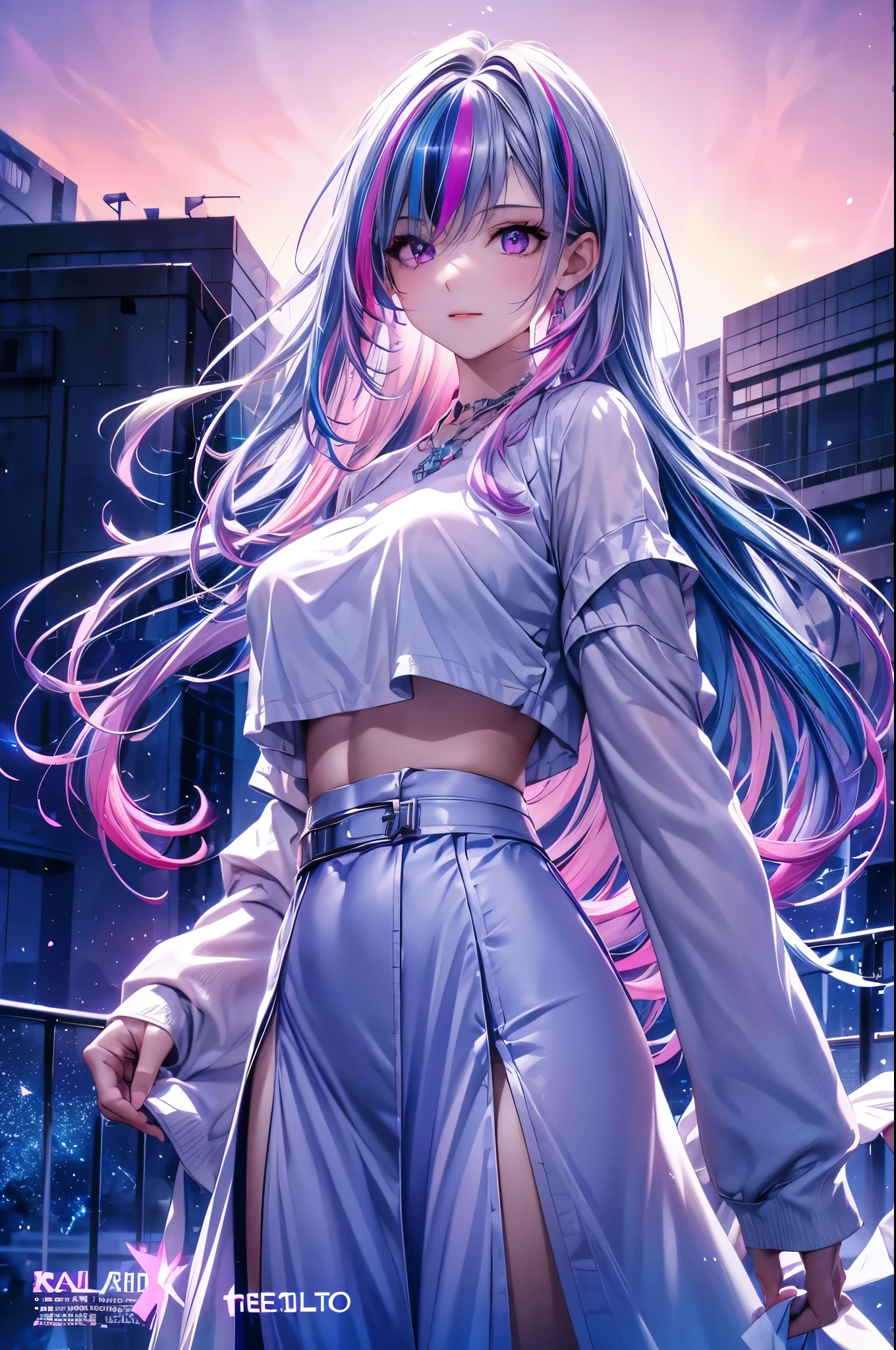 1 girl, 20 year old girl, one person, (Silver blue hair streaked pink purple:1.4), (Gradient sky blue hair ends:1.6), hair strand, absurdly long hair, single sidelock, wavy hair, shiny hair, floating hair, (Illusion deep purple eyes), delicate eyes, aqua eyes, super high detailed eyes, long upper eyelashes, ((glowing eyes)), makeup, Focus on face, Very detailed facial, Pretty Face, Perfect breasts, hot body, (Delicate skin texture:1.2), break, White extra long skirt, Fashion Clothing, necklace, Technical clothing masterpiece, on the street, looking at the starry night sky, meteor, cyberpunk, detailed background, perfect layer cut, clean focus, (magazine:1.3), (cover-style:1.3), Octane Render, Tyndall effect, lifelike, Dark Studio, Side light, Two-color lighting, realism, chiaroscuro, (glowing light), sparkle, ray tracing, cinematic lighting, Futurism, motion blur, atmospheric perspective, Depth of Field, Bokeh, best quality, UHD, super detail, masterpiece, highres, ccurate, retina, anatomically correct