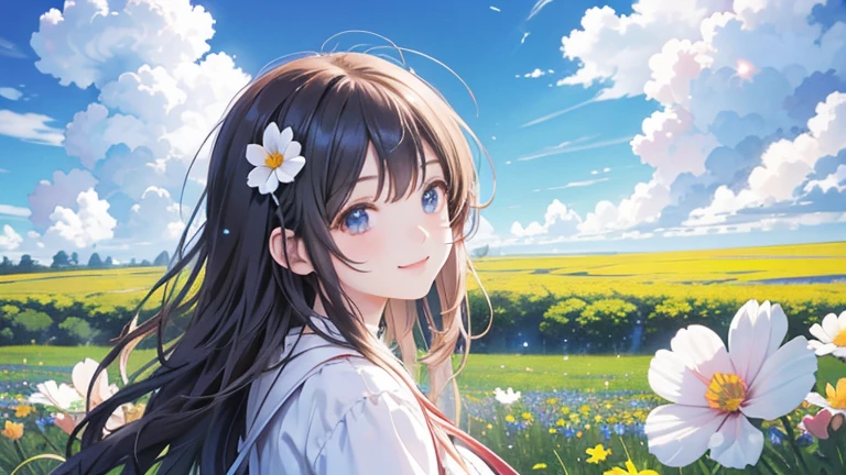 Smiling while gazing at the flowers in a cosmos flower field、Blue sky and big clouds