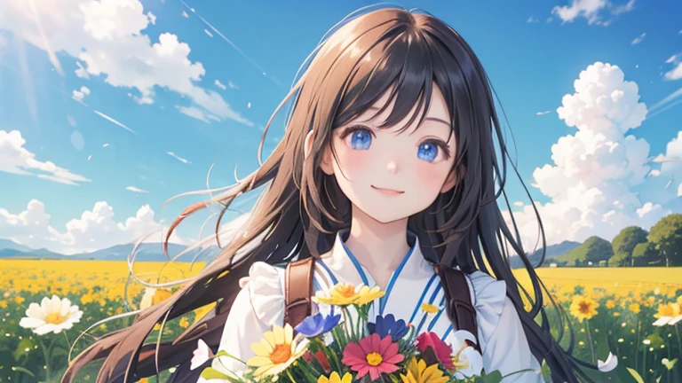 Smiling while gazing at the flowers in a cosmos flower field、Blue sky and big clouds