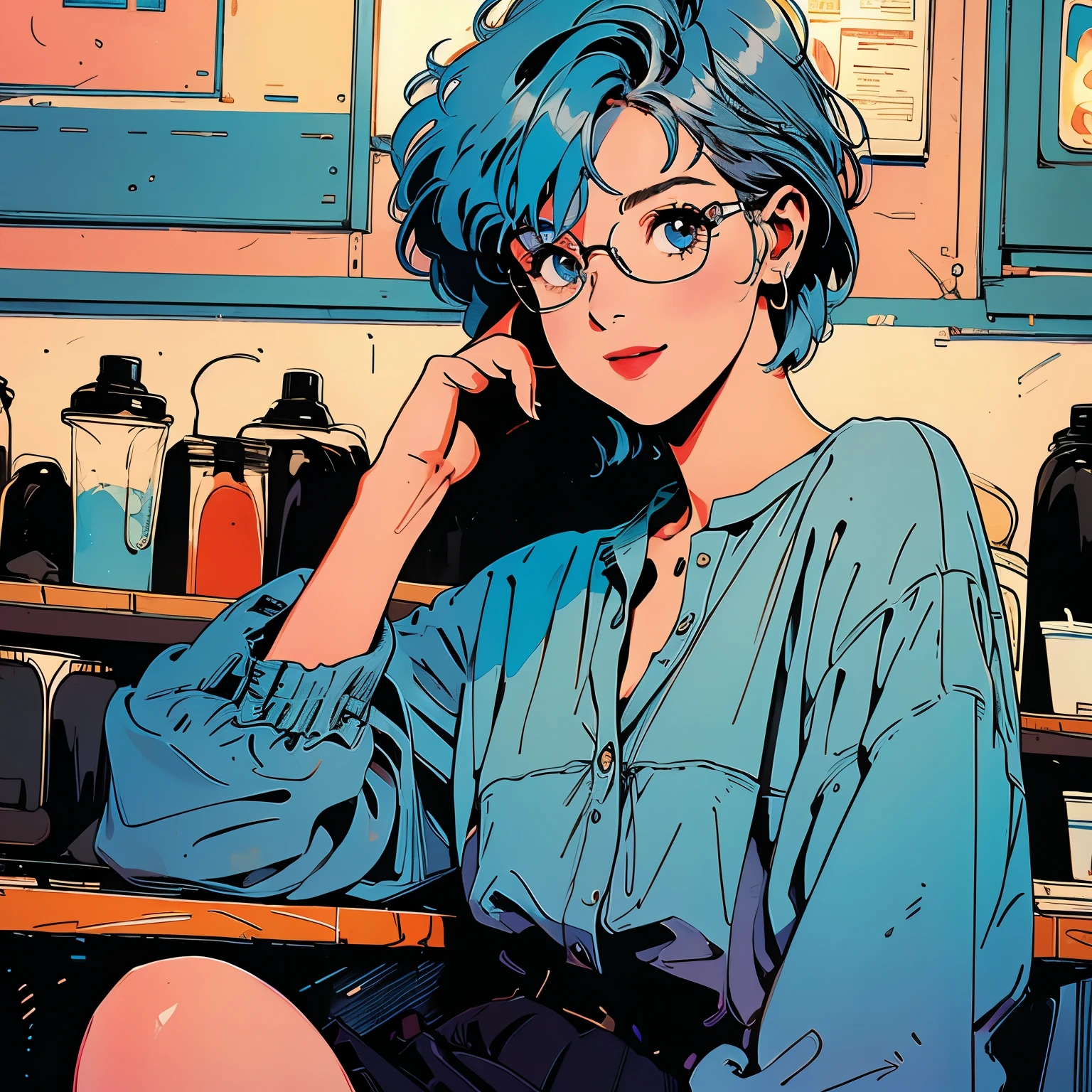 whole body, Upper Body, On the phone, Coffee shop, 1 girl, 4k, Warm colors , skirt, blouse, smile, Short Hair, Wearing glasses, Light blue hair