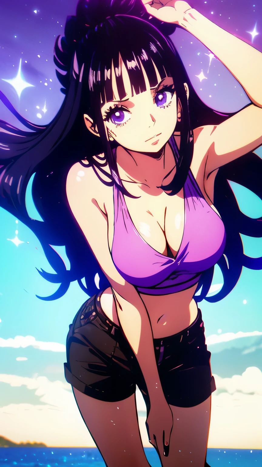 A young girl, long black wavy hair with purple highlights,
Galactic purple eyes, bangs, light skin ,Correct eyes and long eyelashes,
Top without stain and shorts ,36dd breasts  , Upper body view ,8k quality
One piece style,Ocean and ship view