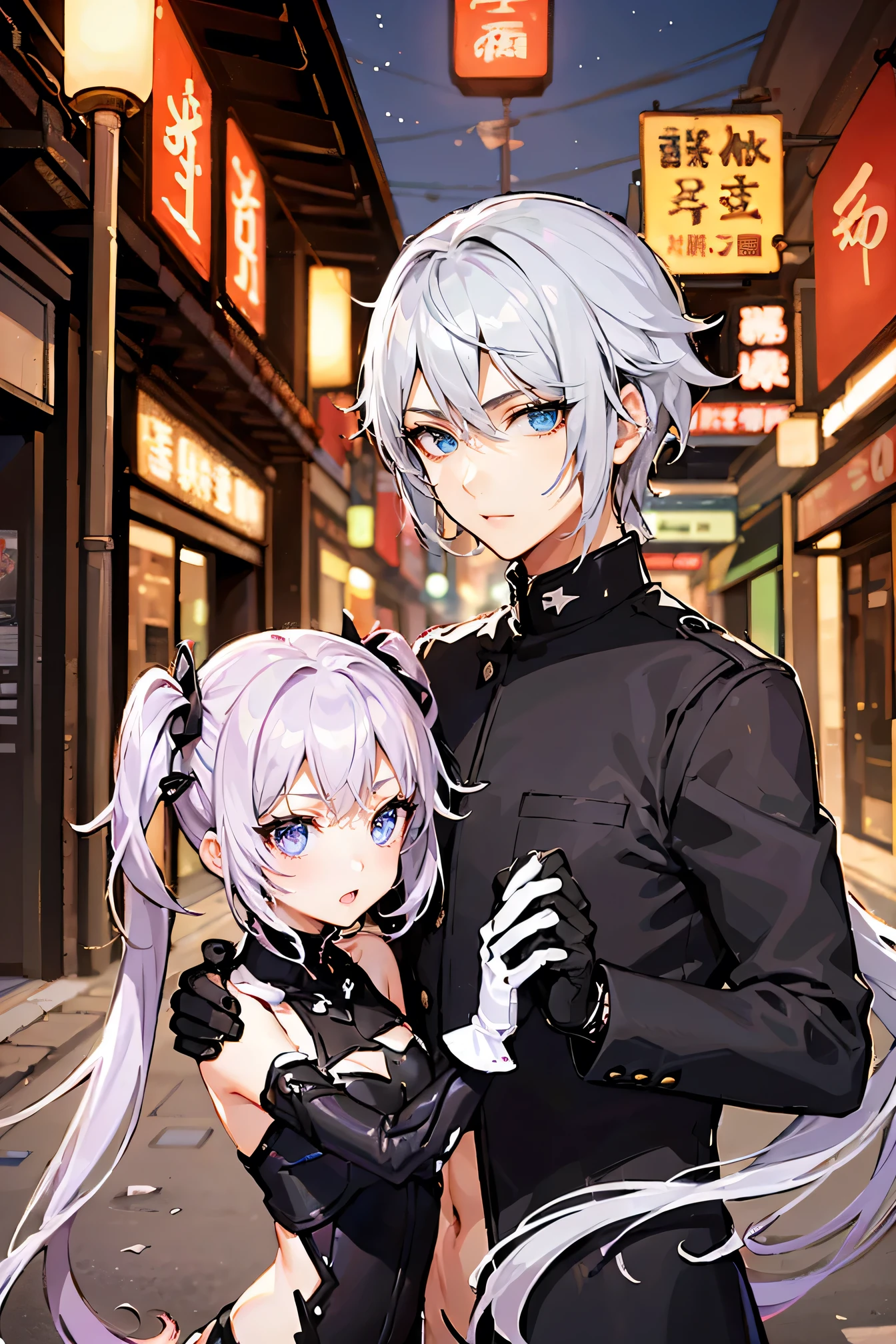 ((Girls and couples: 1.3)), Top quality, Super high resolution, Cute, (KPOP idol), (Long twin tails), (Light purple hair: 1), ((Big eyes)), Staring at you,
BREAK ((upper body: 1.3)), front view, a character with long flowing silver hair, a slender physique, and a black and white costume with thigh-high boots and gloves. Taiwan The scenery of Jiufen at night is beautiful and I walk around the city.