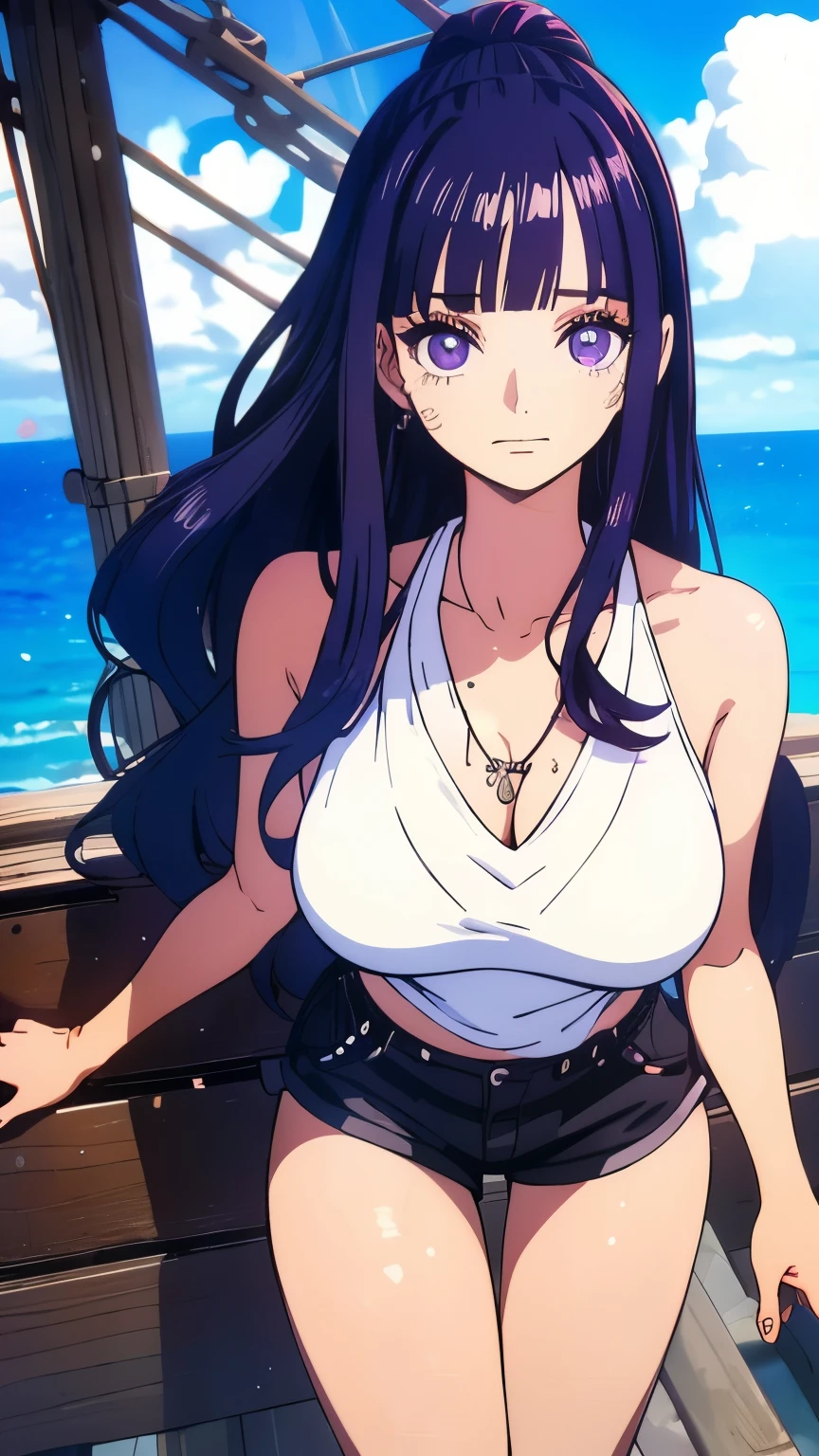 A young girl, long black wavy hair with purple highlights,
Galactic purple eyes, bangs, light skin ,Correct eyes and long eyelashes,
Top without stain and shorts ,36dd breasts  , Upper body view ,8k quality
One piece style,Ocean and ship view