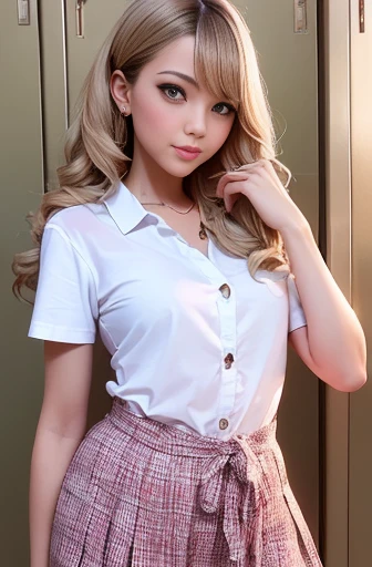 (masterpiece: 1.3), (Maximum resolution: 1.2), (Ultra HDTV: 1.2), Cinema Lights, Ultra HDTV, (Detailed eyes and skin), (Detailed facial features), High resolution, 8K resolution, Sharp focus: 1.2, Perfect Style, Beautiful Face, Perfect body, Accurate, Anatomically correct, Highly detailed face and skin texture, Fine grain, Dark blue eyes, double eyelid, Thin eyebrows, Glitter Eyeliner: 1.2, Natural Cheeks, Shiny skin, Fair skin: 1.2, Shiny little necklace and earrings, (Glossy lips: 1.4), break, First Person View, (She is a very cute high school student.), (Wear a button-up shirt, Pleated mini skirt, Navy them, Knee-high socks), (Captivating smile: 1.2), ((Pure and cute girl:1.3)), (Side Ponytail Hairstyles, Wavy Hair), (Light brown hair:1.2), Medium Long Hair, (Cowboy Shot: 1.2), break, ((Very close relationship: 1.2)), Medium large breasts, ((View Viewer:1.2)), ((Grab the shirt buttons.:1.6)), ((In a very small school locker room:1.2)), (From the side:1.2),