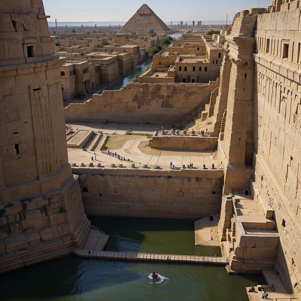 ancient egyptian civilization，plano amplio，el rio Nilo，pyramid，building pyramid ，The river stretches to the horizon，Epic sense，Sense of grandeur