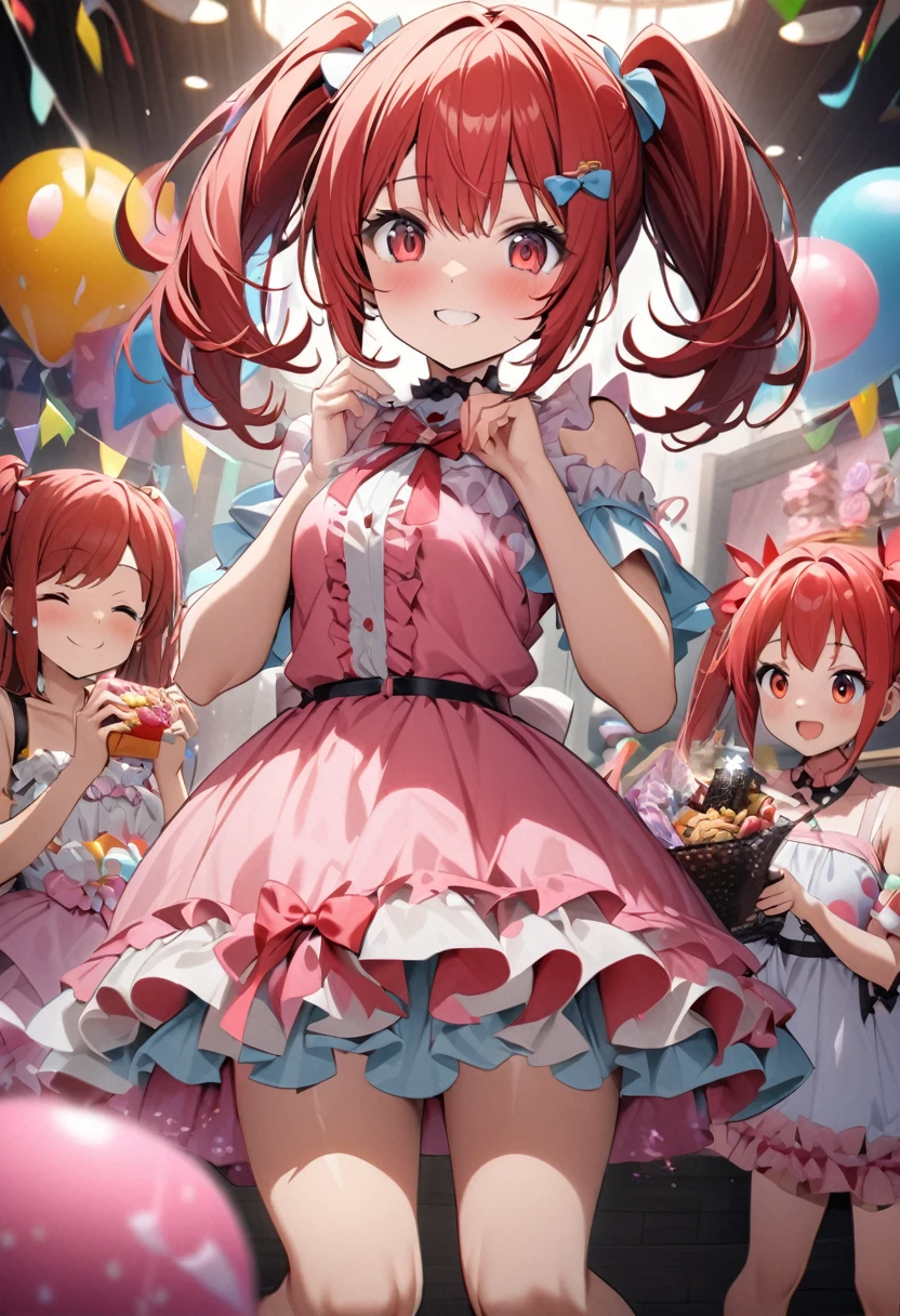 High quality, high definition, hig
h precision images,8k 2girls、red hair,Twin tails,Red eyes.(robot style red and white pampering face barrette)、cute colorful party room、She is wearing a cute frilly party dress.party crackers I have it in my hand,smile