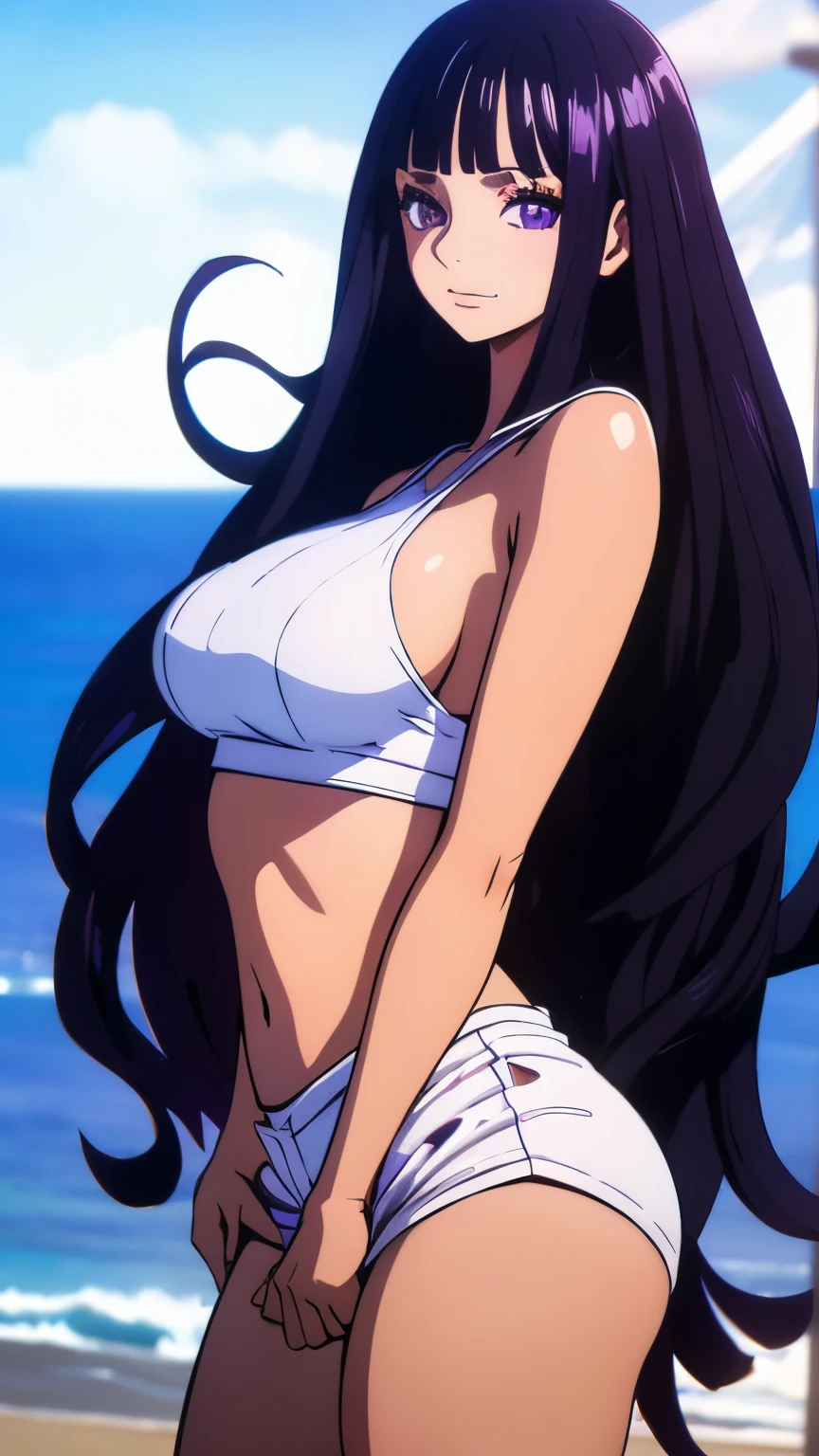 A young girl, long black wavy hair with purple highlights, Galactic purple eyes, bangs, light skin ,Correct eyes and long eyelashes, Top without stain and shorts ,36dd breasts , Upper body view ,8k quality One piece style,Ocean and ship view