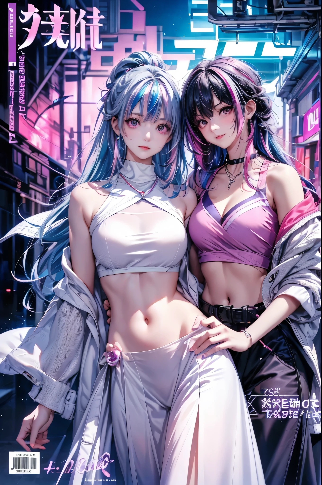 1 girl, 20 year old girl, one person, (Silver blue hair streaked pink purple:1.4), (Gradient sky blue hair ends:1.6), hair strand, absurdly long hair, single sidelock, wavy hair, shiny hair, floating hair, (Illusion deep purple eyes), delicate eyes, aqua eyes, super high detailed eyes, long upper eyelashes, ((glowing eyes)), makeup, Focus on face, Very detailed facial, Pretty Face, Perfect breasts, hot body, (Delicate skin texture:1.2), break, White extra long skirt, Fashion Clothing, necklace, Technical clothing masterpiece, on the street, looking at the starry night sky, meteor, cyberpunk, detailed background, perfect layer cut, clean focus, (magazine:1.3), (cover-style:1.3), Octane Render, Tyndall effect, lifelike, Dark Studio, Side light, Two-color lighting, realism, chiaroscuro, (glowing light), sparkle, ray tracing, cinematic lighting, Futurism, motion blur, atmospheric perspective, Depth of Field, Bokeh, best quality, UHD, super detail, masterpiece, highres, ccurate, retina, anatomically correct