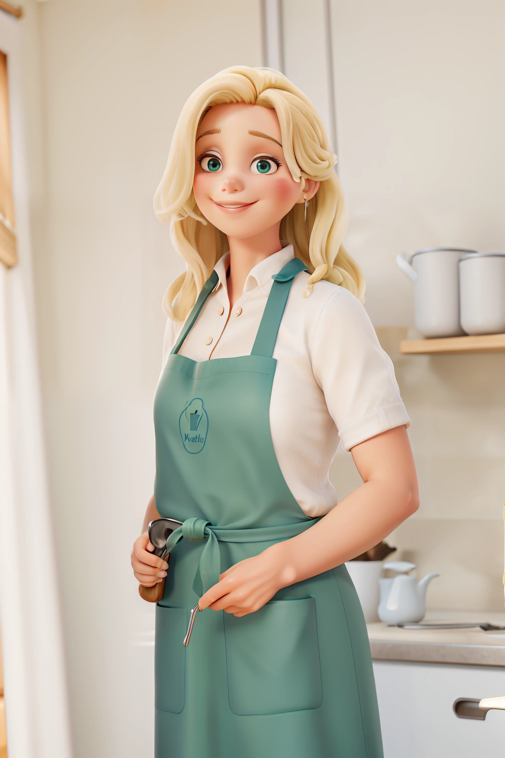 chef-d&#39;artwork, Best quality, a blond-haired pastry chef with a whisk in his hand and an apron writing Culinary Workshop at the&#39;interior of&#39;a kitchen with cakes