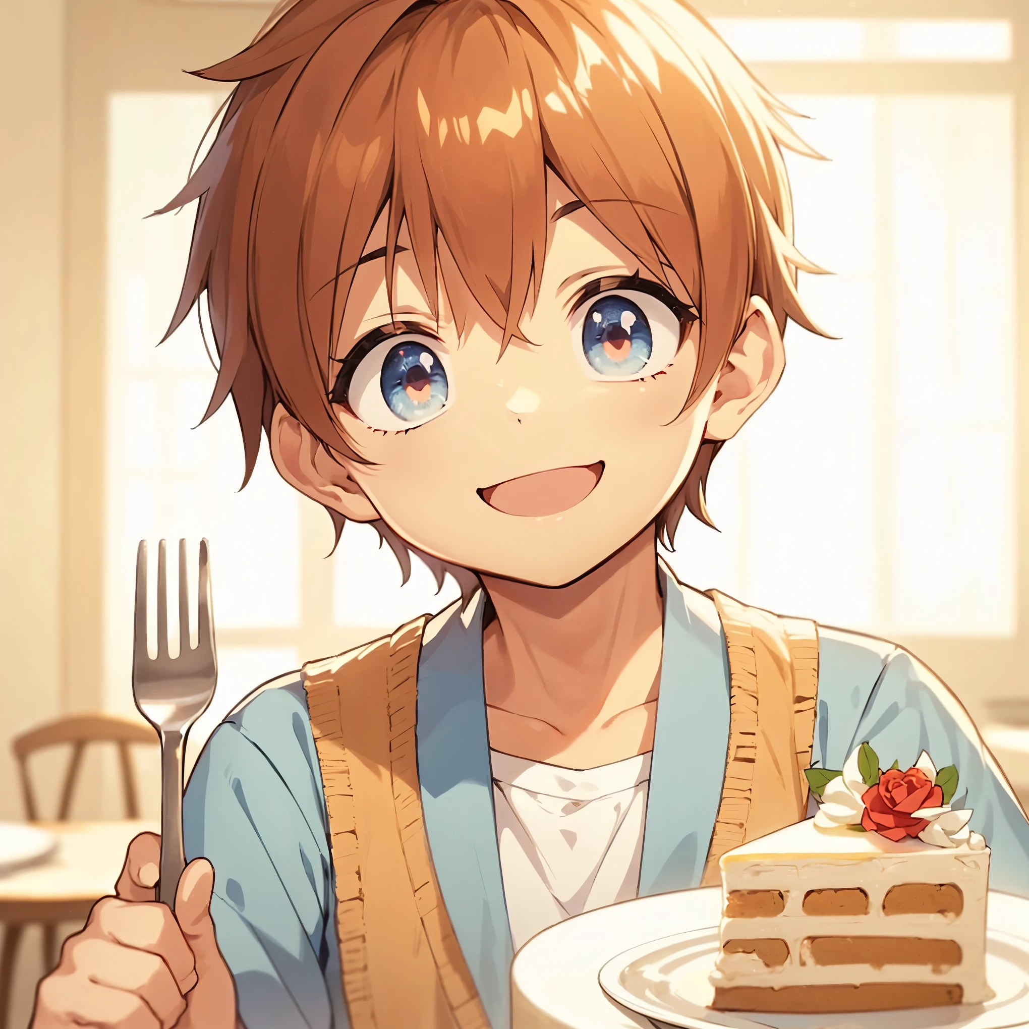 1 boy,smile,cake,fork,(detailed eyes),detailed skin,(masterpiece,best quality:1.4),Top Quality,High quality,Ultra detailed,insanely detailed,anime style