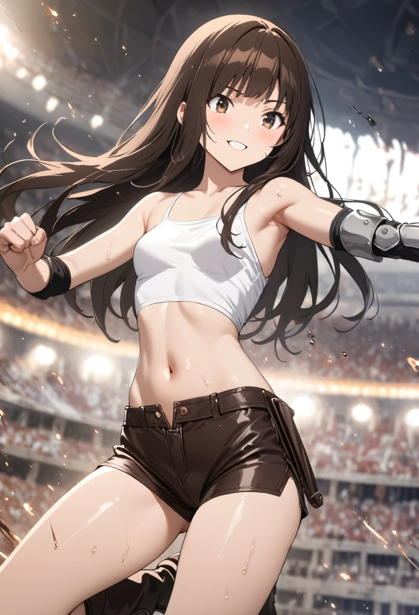 Action Sceneasterpiece, highest quality:1.2)),cowboy shot,1woman,20 year old beauty、solo,semi long hair,dark brown hair,very small head,,A strong smile,slender and long body,skinny,small breasts,oily skin,shiny skin,White tube top、navel、brown leather micro shorts,leather long boots,Iron Elbow Pad、Iron Gauntlet、Fight with bare hands、(Punching),Martial artist、Coliseum、Arena、