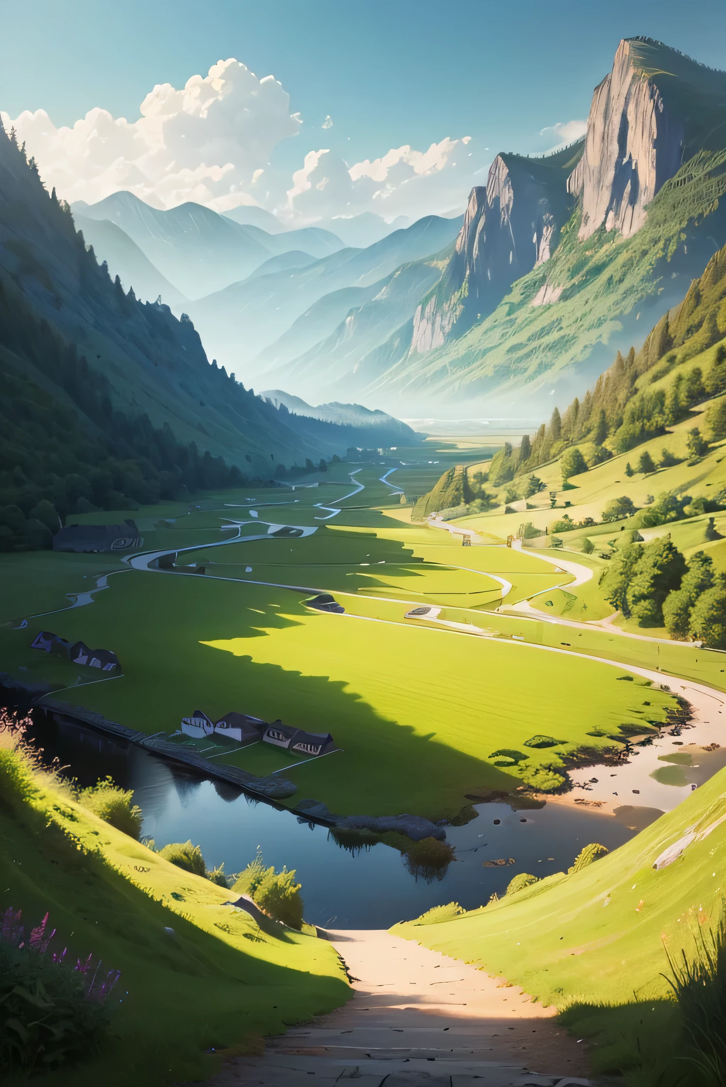 ((best quality)), ((masterpiece)), (detailed), landscape show school in the grass field, valley and calmness, lable of this image "DZITOE"