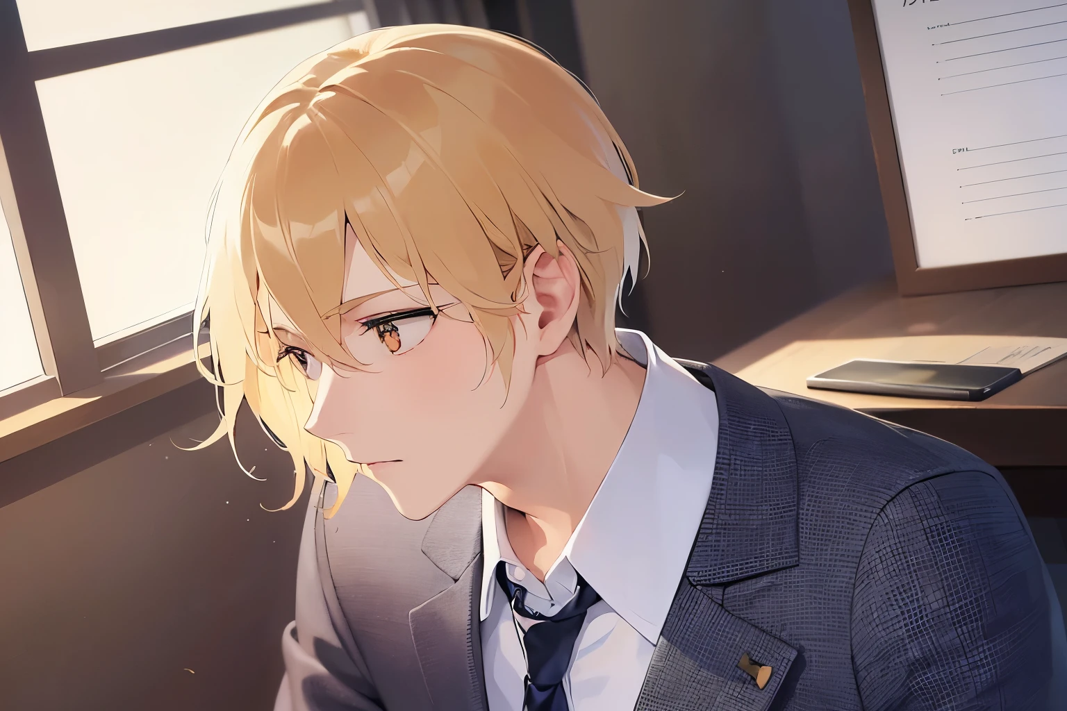 side angle, (looking away:1.5), upper body、shiny skin、masterpiece、highest quality、BREAK (25-year-old male:1.5) and (Blonde short hair) and (Orange eyes), (Wearing a suit:1.3) and (tie) BREAK standing、Bad mood、The background is the office、(alone:1.5)、Upper body is shown、