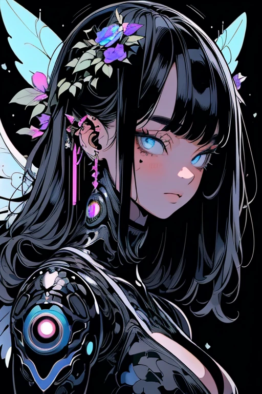 ((masterpiece)),((Super detailed)),(best quality),8k-Anime-style detailed plant girl,ink,ink water,ink,((Machine Angel)),wing,dark,Deep Black,plant,Black flowers,1 person,Delicate face,Full body details,close up,(Super detailedd mechanical body),(robotic limbs),(Ultra clear painting),,Neon light effect,(very beautiful),God drawing,8k resolution,accurate depiction,Super detailedd whole body,Very cute face,The near future,8k wallpaper,delicate eyes,Detailed hair,long hair,Exquisite and beautiful hair,Dense world view,dark base color and vivid color scheme,Precision robot,Dazzling,Exuding an ethereal atmosphere,accurate background,Geometric tattoo,Movie,High precision,Cyberpunk,meticulously made,Beautiful graphics,pledge,Metal Tone,dark,Detailed background,smooth,Wide-angle lens,shining dark neon,Luminism,Perfect anatomical structure,emphasize,Precision structure