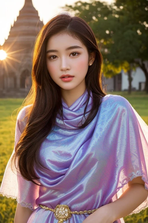 Beautiful girl, myanmar, wearing traditional costume,realistics, elegant, cute, sweet, lovely, slong hair, brown hair, full body, super fine face, perfect body, glossy skin, highest quality, masterpieces, silk shawl is ,complicated and beautiful myanmar clothes, age 18, at Bagan, sunset, light and shadow