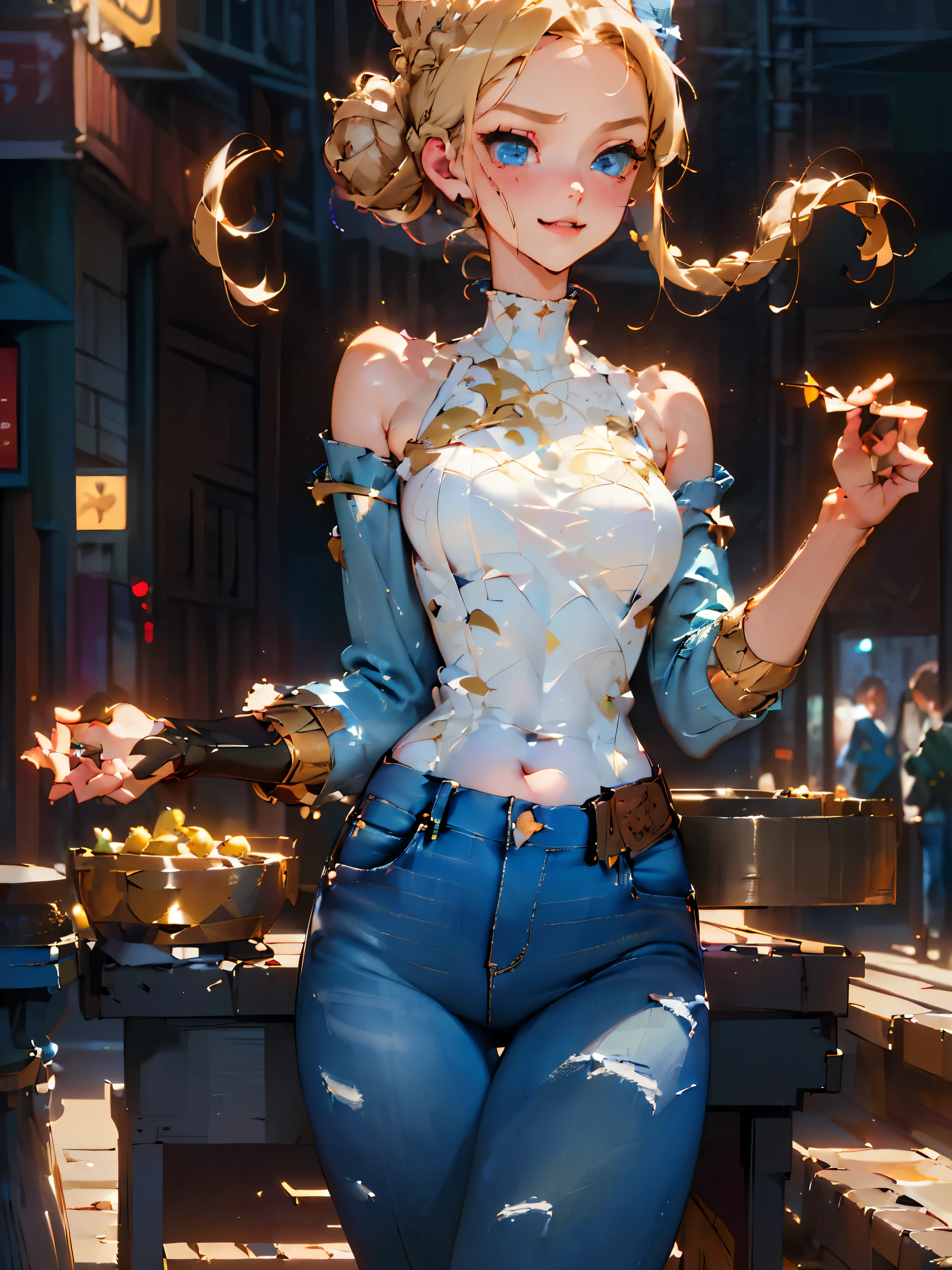 (masterpiece, best quality:1.2), 1girl, solo, ((Best Quality)), ((Masterpiece)), ((Realistic)) 19 year old, blonde girl, armpit lenght hair, relaxed happy face ((slender)) (busty), (((jeans and pullover))) (bun hairstyle:1.5), 6 and a half heads full body,, body shape,detailed eyes and face,long eyelashes,pale skin,(intricate-detail:1.2),(masterpiece, :1.3) ,(top-quality:1.4), armpit lenght hair, relaxed happy face ((slender)) (busty), ((( White bodycon Dress))), (intricate-detail:1.2),(masterpiece, :1.3) ,(top-quality:1.4), (A high resolution:1.2), A high resolution, (A detailed eye), (detailed facial features), 8K resolution, (Lens Flare: 0.7), turned around, (8K, masterpiece, Highest Quality, Best Quality, Official art, Breathtaking beauty and aesthetics, A highly detailed, Jeansl, (Tabletop.highest quality).(Dynamic Low Angle、Hair blowing in the wind). (CG paintings with impressive detail),(Perfect image).(Rhythmic Gymnastics、Proud of the costume、Presenting to the audience, shape.1 girl.Detailed face、Kirara Jump、Perfect body、Beautiful thighs、Beautiful belly、Perfect Face.Delicate face、Spread your arms、Beautiful fashion that shows off belly)、Breast flas((Beautiful blue eyes, half body)).Delicate and Beautiful Eyes、Beautiful Eyes、Reflected Eyes、Embarrassingly.(Looking at the audience:1.3).(Red face:1)、8k wallpaper、Bold full shot、reflected light、Most detailed、Complex,Fine skin、(Super Resolution)(whole body、Beautiful whole body statue、 body type, blonde hair, bunhair), light, bloom, atmospheric perspective, high quality, award winning, best quality,highres,masterpiece:1.2,ultra-detailed,realistic:1.37,night scene,street vendor,toilet stall,overhead view,Vibrant colors,bokeh,nighttime illumination,crowded street,city hustle,exquisite details, best quality,highres,masterpiece:1.2,ultra-detailed,realistic:1.37,night scene,street vendor,toilet stall,overhead view,Vibrant colors,bokeh,nighttime illumination ((Smile Beautifully)),