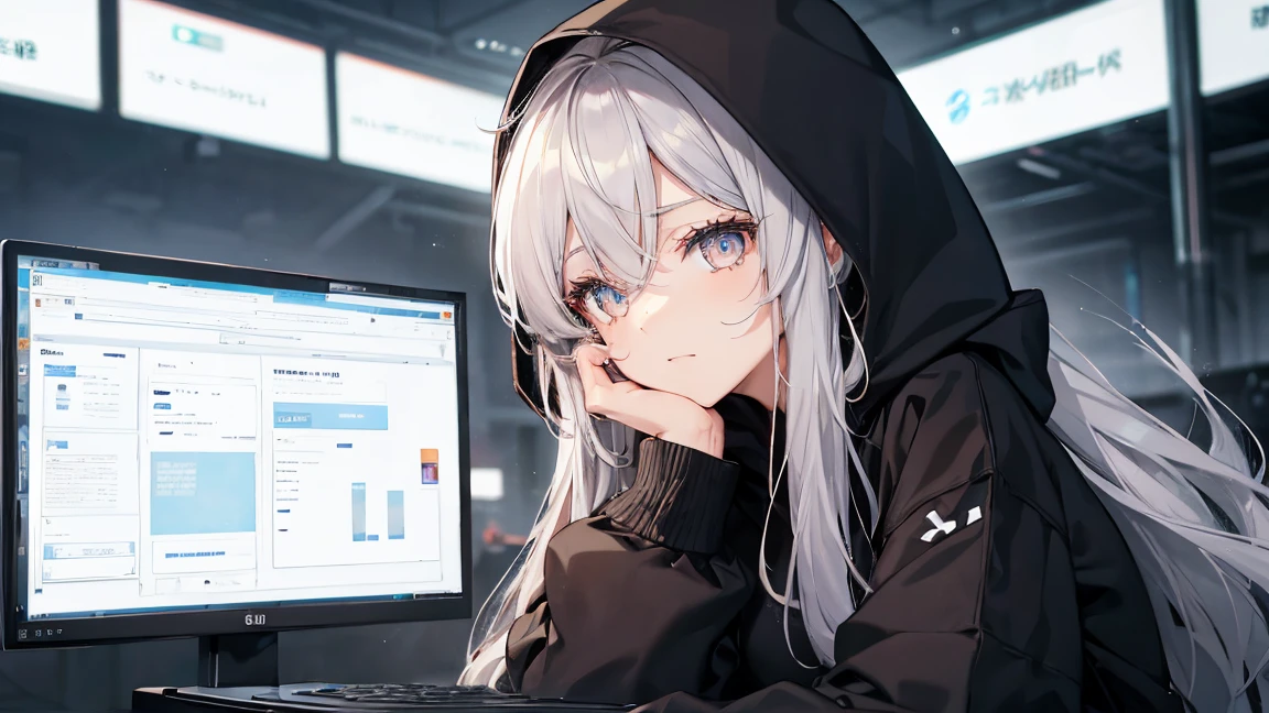 Woman using computer with big screen、Silver Hair、Semi-long hair,{{{{{{{{ Black hoodie oversized }}}}}}}},Beautiful and delicate golden eyes,thought,Black clothes,