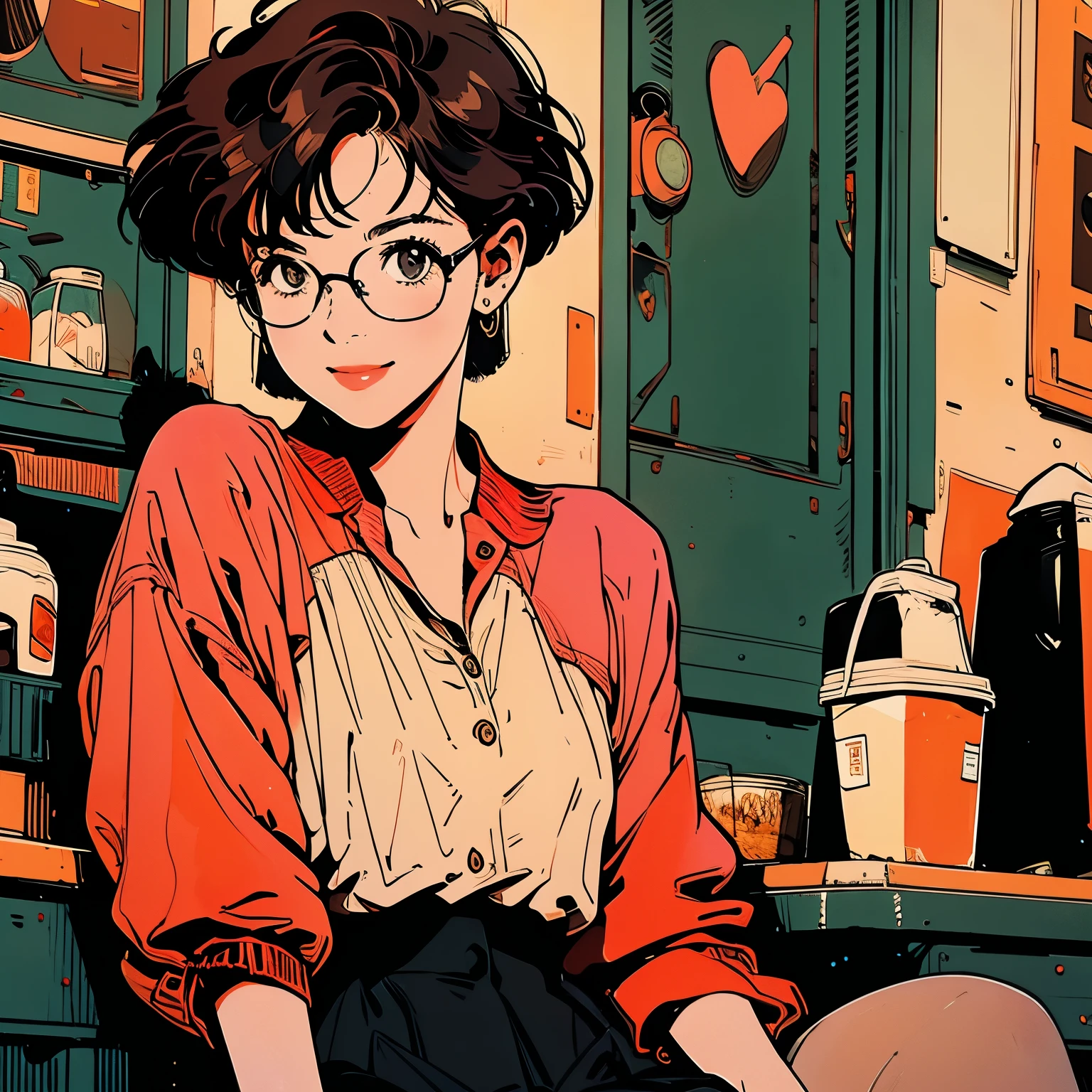 whole body, Upper Body, 1 girl, 4k, Warm colors , skirt, blouse, smile, Coffee shop, Short Hair, Wearing glasses