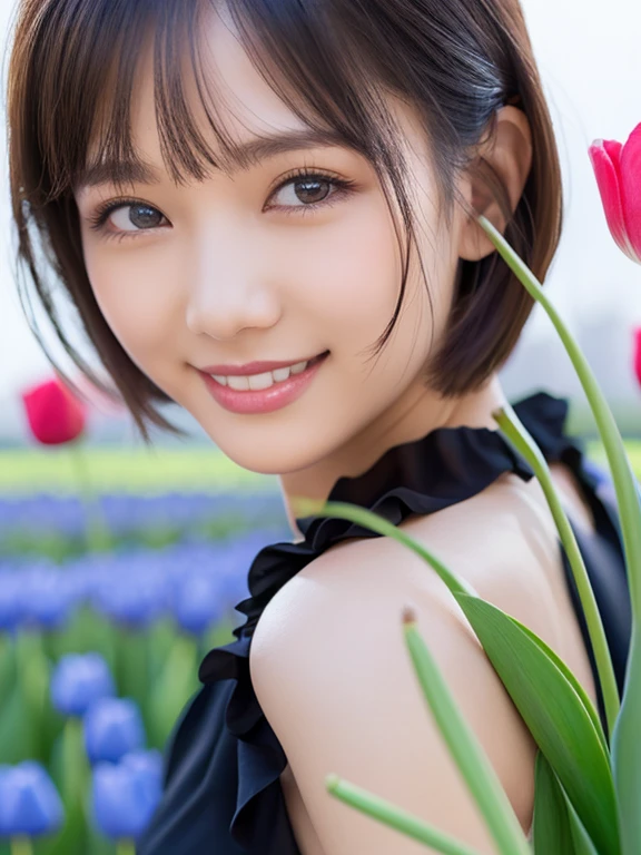 (squat)、(highest quality:1.5)、(Realistic:1.5)、(1 person:1.5)、(Very detailed)、(High resolution)、8k、(Wear a dark dress with lace)、(Small breasts)、Natural color lips、Cute Smile、20-year-old girl、(Beautiful and elaborate face)、(Perfect and beautiful face)、(Big eyes)、(Beautiful and elaborate face)、(Beautiful, balanced eyes)、Beautiful double eyelids、Perfect and beautiful face、Arched thin eyebrows、Cute pose、Slim face、(Slim figure)、Beautiful and thin nose、 Beautiful Skin、(Medium Bob Hair)、Natural Bangs、Fair skin、Front lighting、(Lighting the face)、Deep blue eyes、Slim waistline、(A hill full of colorful tuliplim and beautiful legs、Tulip Fields、
