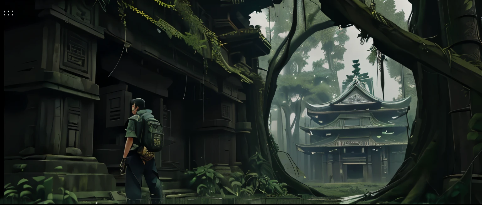 arafed image of a man in a forest with a backpack, secret overgrown temple, cyberpunk japanese temple, ps5 cinematic screen capture, set in post apocalyptic tokyo, mysterious temple setting, ancient ruins in the forest, akihiko yoshida. unreal engine, square enix cinematic art, ancient cyberpunk 8k resolution, ancient wood environment, overgrown jungle ruins
