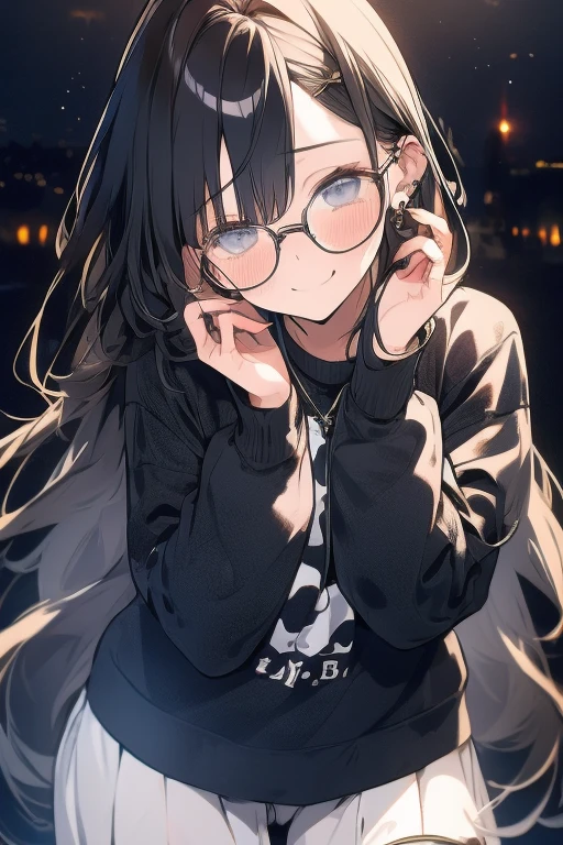 Beautiful woman, shy, glasses, embarrassed face, long hair, casual clothes