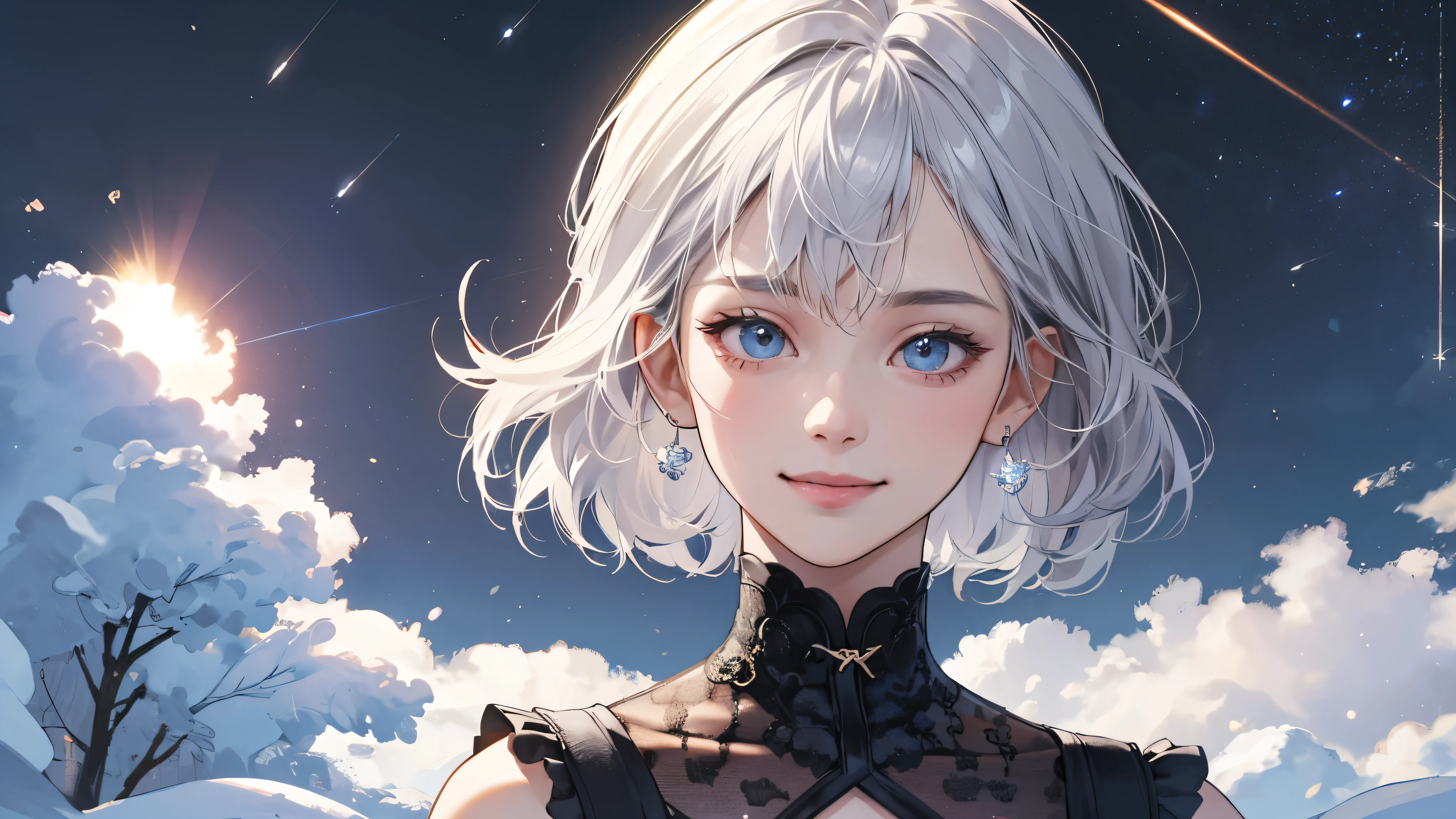 (perfect anatomy:1.2)(absurdres, highres, ultra detailed),masterpiece,best quality,high resolution,8k,Realistic face,Realistic skin texture,magnified textures, stunning clarity,detailed anime girl,(ultra detailed eyes and face), girl,silver hair,short cut,(happy:1.7),fair skin,jazzy dress,Shoulder Bare,,(Snowfield),(midnight),(blizzard),(Meteor shower:1.3),standing,confident pose