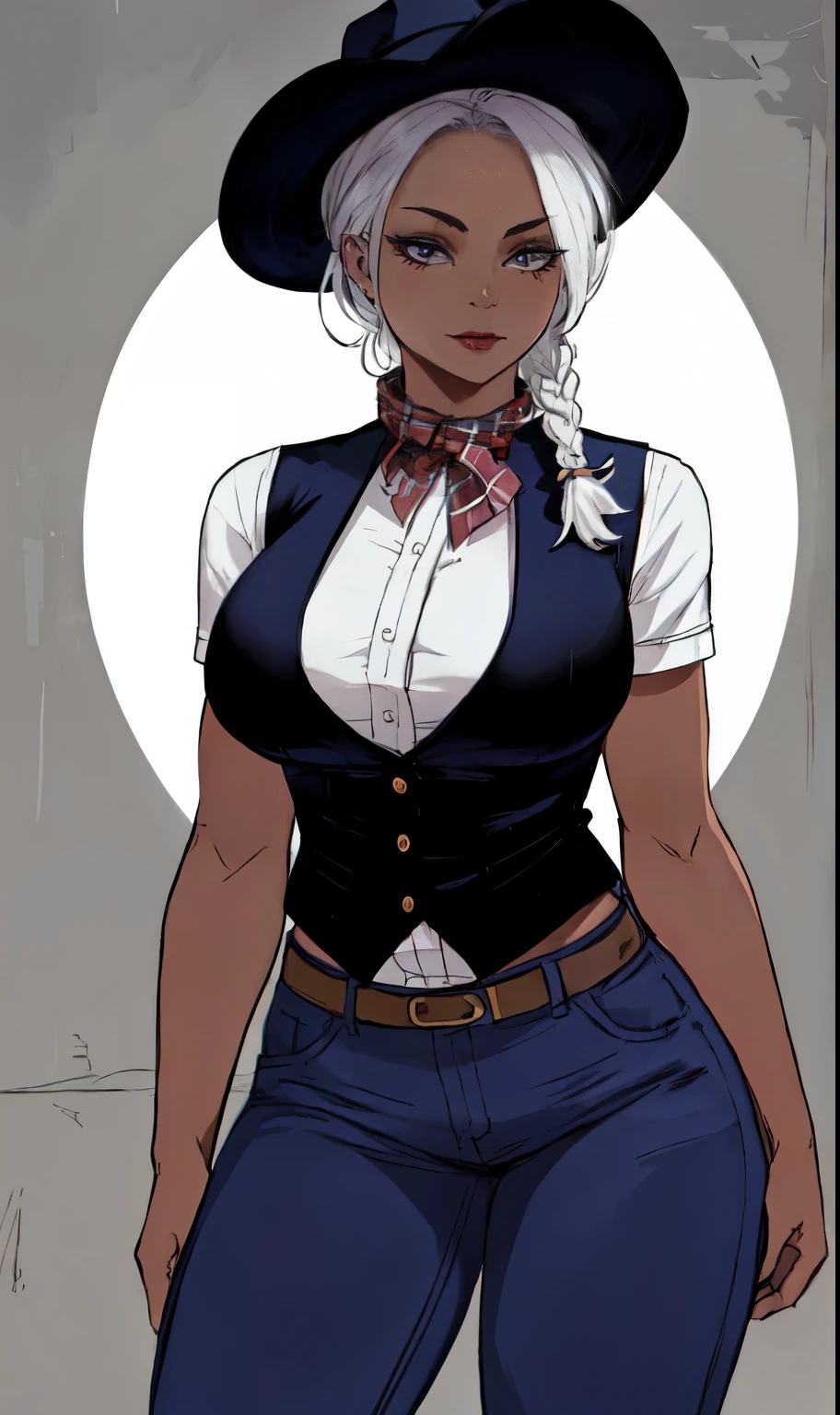 Hyper detailed artwork, (by ratatatat74:1.25) extremely attractive woman, loose plait, african american, classic cowgirl outfit. wide-brimmed hat, a decorative bandana, a fitted vest over a plaid shirt, well-fitted jeans, lovely, breathtaking, full length portrait,