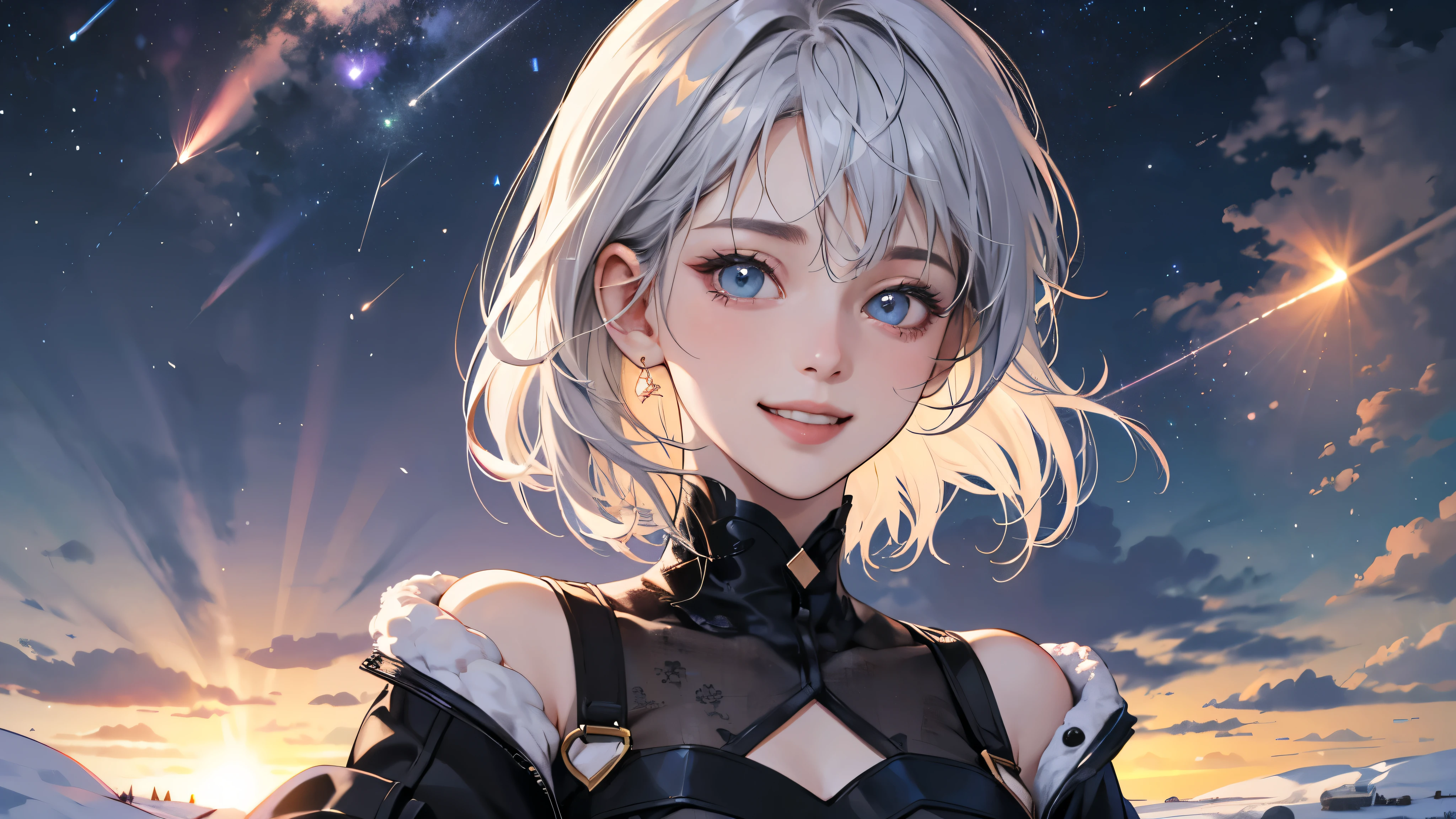 (perfect anatomy:1.2)(absurdres, highres, ultra detailed),masterpiece,best quality,high resolution,8k,Realistic face,Realistic skin texture,magnified textures, stunning clarity,detailed anime girl,(ultra detailed eyes and face), girl,silver hair,short cut,(happy:1.7),fair skin,jazzy dress,Shoulder Bare,,(Snowfield),(midnight),(blizzard),(Meteor shower:1.3),standing,confident pose