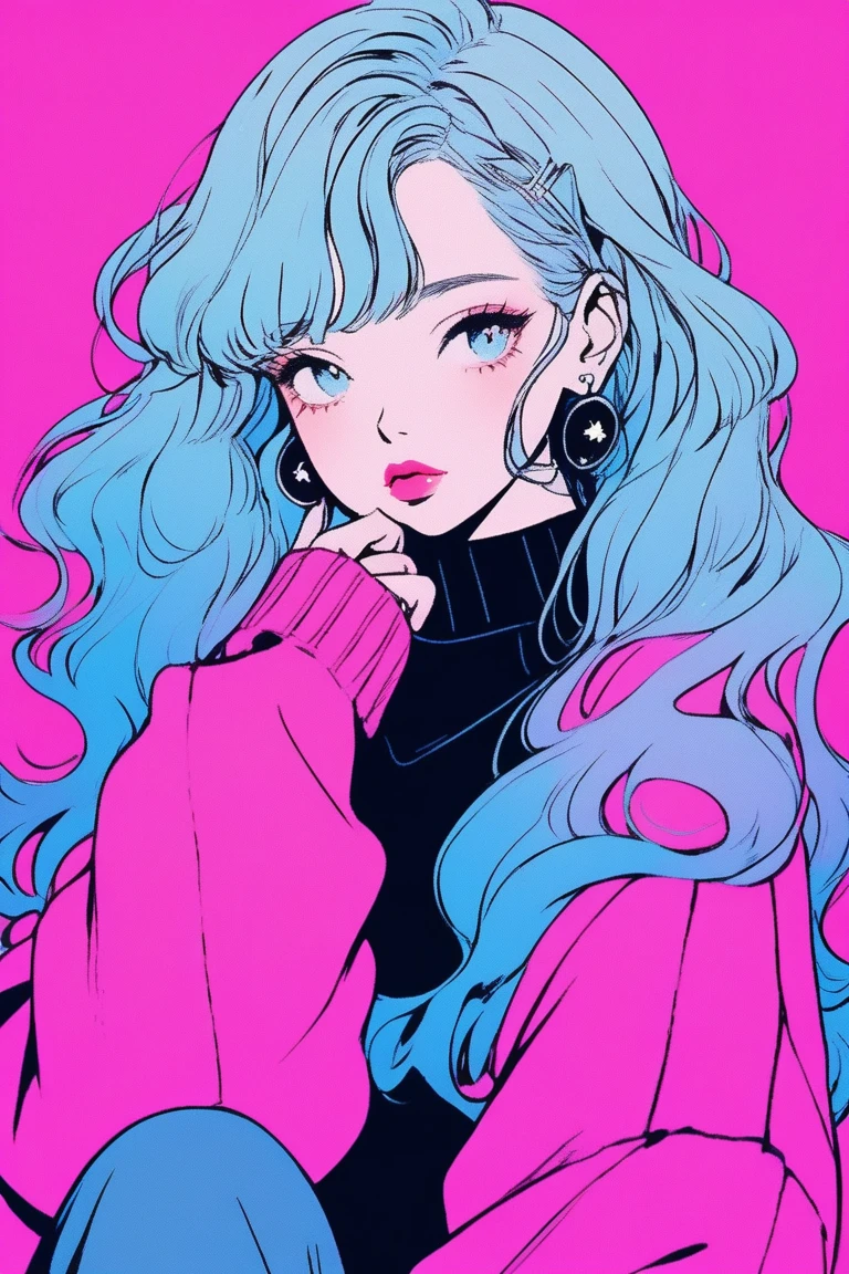 (best quality, sketch:1.2),Practical,ilustrador,Japanese cartoons,1 girl, Detailed lips,sweater,Entertainment,Blue gradient background,Neon hair,Texture cropping,Canada, masterpiece, Style retro classic, Deep Black