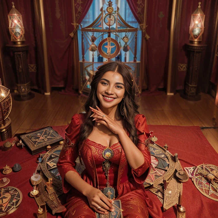 Photo made with iphone 12, (A mystic human and magical charming Tarot reader lady in red dress, smiling, in a beautiful room full of Tarot themes objects:1.3). (Breath-taking photo of mesmerizing beauty displaying her stunning beauty: 1.2), intricately detailed background, red dress, red gawn, inviting, caring, happy, powerful, mysterious, unique.