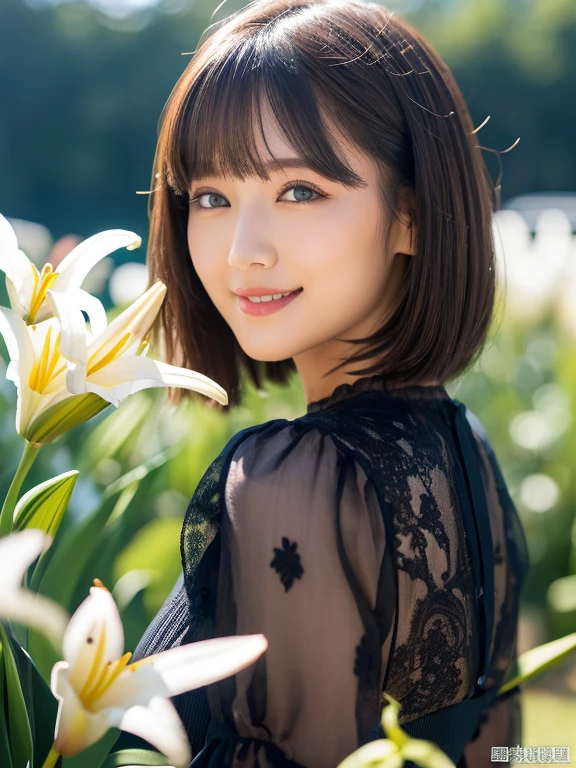 (squat)、(highest quality:1.5)、(Realistic:1.5)、(1 person:1.5)、(Very detailed)、(High resolution)、8k、(Wear a dark dress with lace)、(Small breasts)、Natural color lips、Cute Smile、20-year-old girl、(Beautiful and elaborate face)、(Perfect and beautiful face)、(Big eyes)、(Beautiful and elaborate face)、(Beautiful, balanced eyes)、Beautiful double eyelids、Perfect and beautiful face、Arched thin eyebrows、Cute pose、Slim face、(Slim figure)、Beautiful and thin nose、 Beautiful Skin、(Medium Bob Hair)、Natural Bangs、Fair skin、Front lighting、(Lighting the face)、Deep blue eyes、Slim waistline、(A hill full of lilies of the valley)、(lim and beautiful legs、lily-of-the-valley field、
