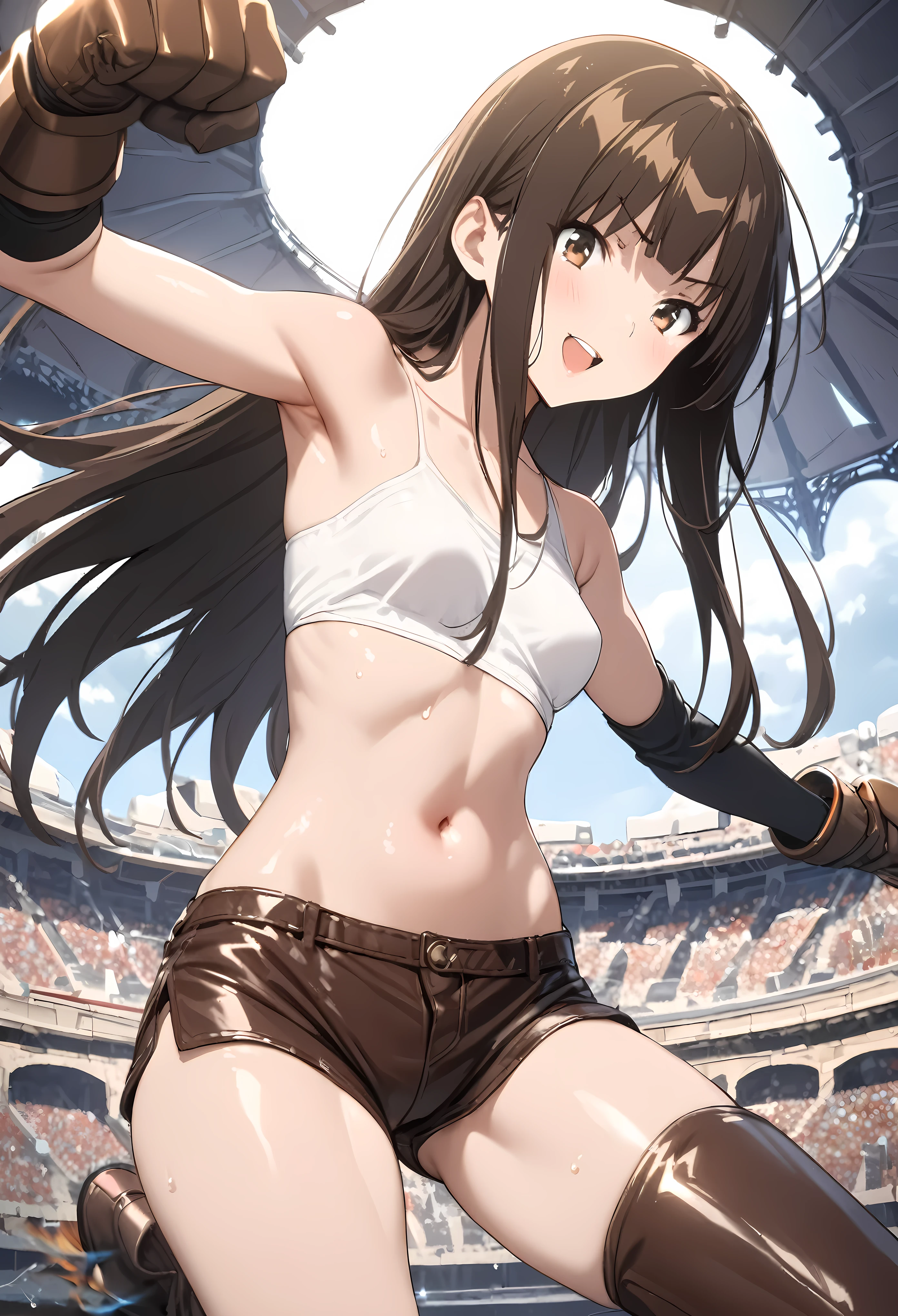 Action Sceneasterpiece, highest quality:1.2)),cowboy shot,1woman,20 year old beauty、solo,semi long hair,dark brown hair,very small head,,A strong smile,slender and long body,skinny,small breasts,oily skin,shiny skin,White tube top、navel、brown leather micro shorts,leather long boots,Iron Elbow Pad、Iron Gauntlet、Fight with bare hands、(Punching),Martial artist、Coliseum、Arena、