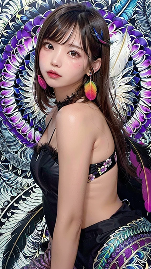 (Official Art, beautifully、aesthetic:1.2), (One girl:1.3),(Fractal Art:1.1),(colorful:1.1)(Flowers:1.3),Most detailed,(Zentangle:1.2), whole body, (Abstract background:1.3), (Shiny skin), (Many colors:1.4), ,(Earrings), (feather:1.5),