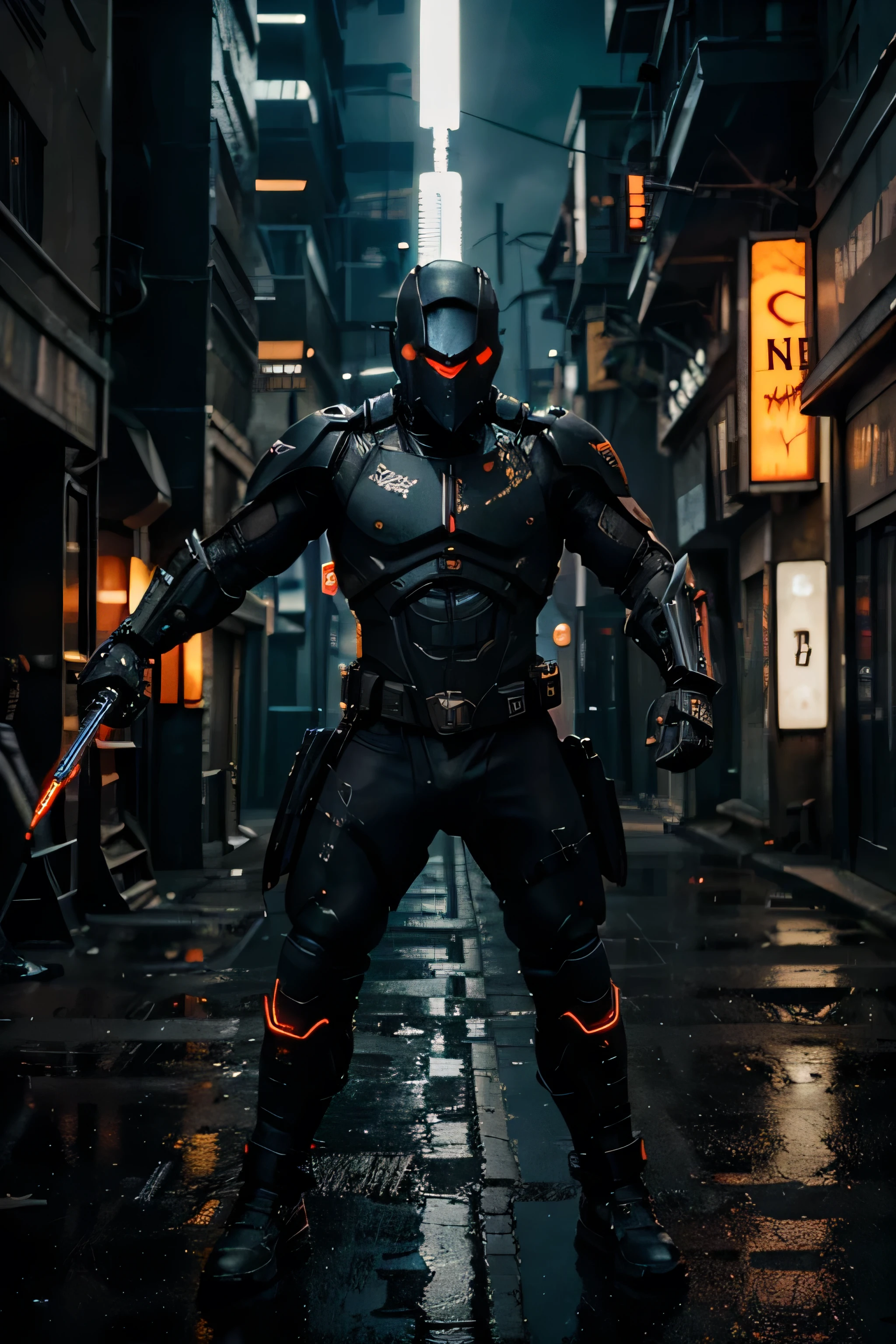 (highres,realistic:1.2),Deathstroke,cyberpunk,cyborg,dark alleyway,glowing neon cityscape,visually stunning,meticulously detailed cybernetic enhancements,sharp-edged metallic armor,menacing red eye lens,mercenary assassin,master of martial arts and weaponry,intricate mechanical components,heavy weaponry,nighttime cityscape,torrential rain,imposing figure,futuristic technology,shadowy silhouette,grim determination,gritty urban environment,impressive muscular physique,mysterious aura,powerful stance,urban decay,vivid colors,fast-paced action,high-contrast lighting,harsh and gritty textures,menacing presence,enhanced vision,mechanical precision,fierce and relentless adversary,clandestine operations,dangerous assassin,advanced weaponry,electrifying energy,deadly agility,ruthless efficiency,high-tech visor