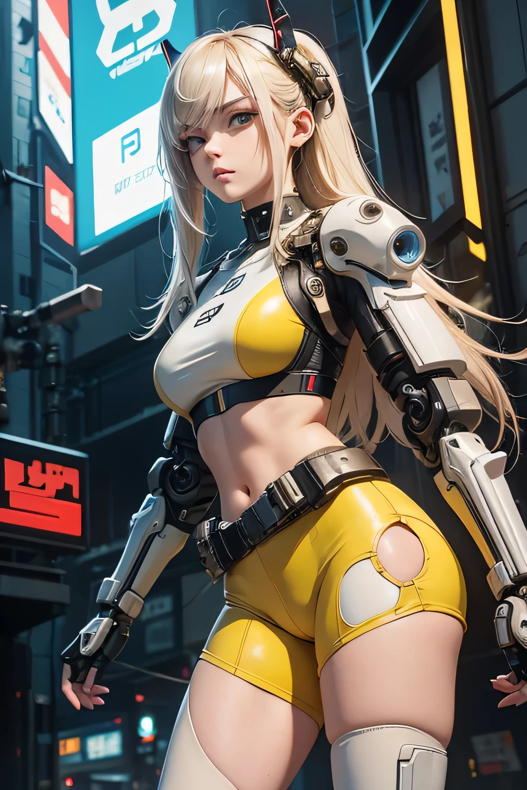 Close-up of woman wearing pale beige and pale yellow outfit, low camera, oppa cyberpunk, Works inspired by Shiro Masamune, perfect android girl, female cyberpunk anime girl, cyberpunk anime girl mech, Cyber Suit, Hotpants, Sports bra, mechanical arm, Machine Hand, Machine legs, Mechanical joints, cyberpunk anime girl, cyberpunk bee, Digital cyberpunk anime art, Android heroine, girl wearing mecha cyber armor, biomechanical brother