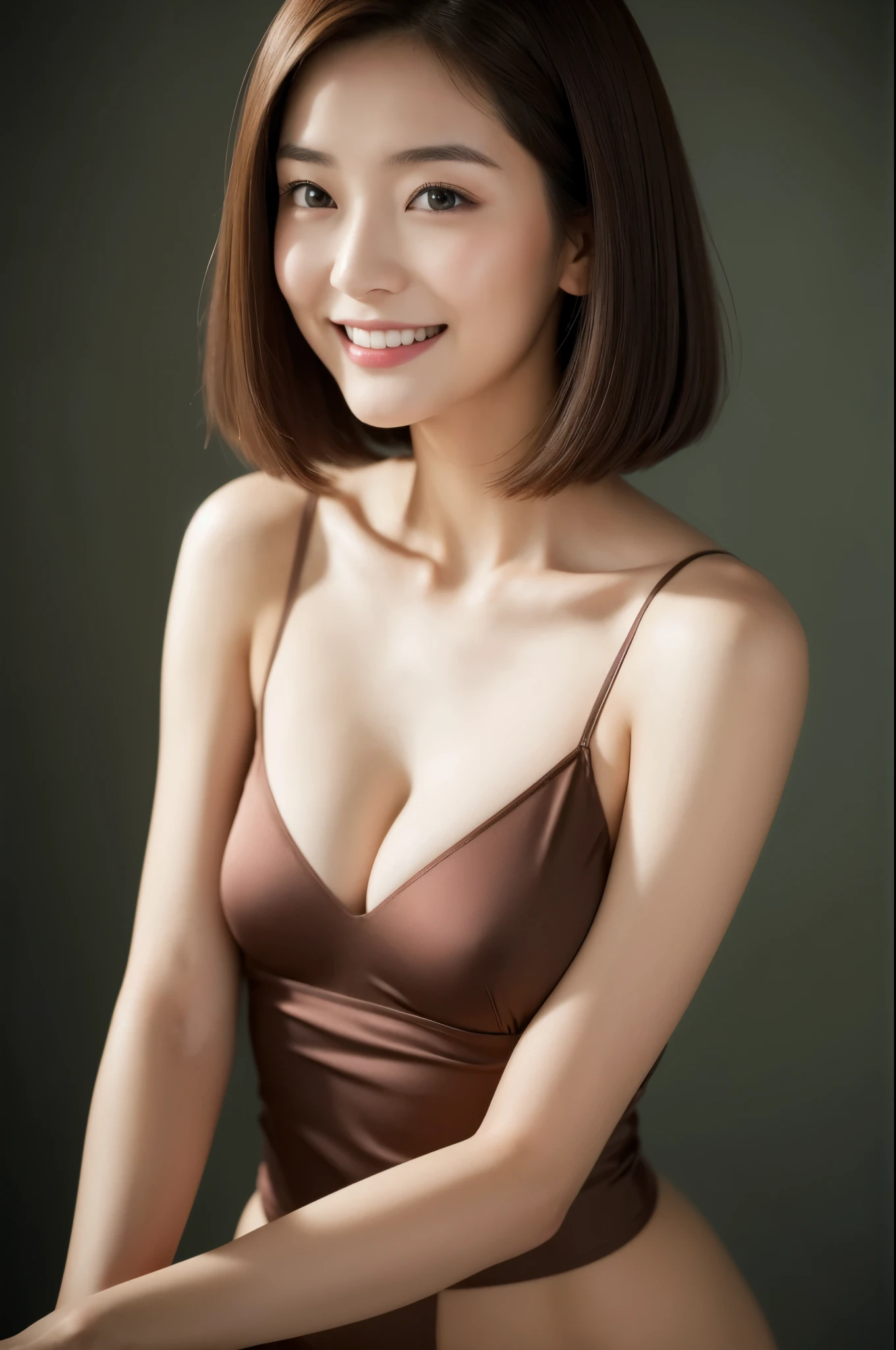Beautiful 26 year old woman。She is wearing a tight satin camisole.。A kind smile。Her dark brown hair、Her hair is a short, straight bob.。High resolution、masterpiece、highest quality、頭w:1.3、((Hasselblad Photos))、Fine skin、Fine texture、Sharp focus、(Cinema lighting)、clavicle、nude