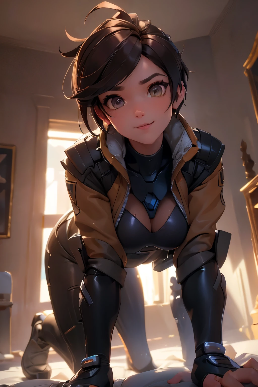 1girl, On all fours pose, on a big luxurious bed, crawling towards the viewer, (masterpiece), (best quality), tracerover, brown hair, spiked hair, short hair, jacket, bodysuit, ((detailed)), ((best quality)), ((masterpiece)), extremely detailed CG unity 8k wallpaper, 32k, focus sharp, photo of perfecteyes eyes, perfecteyes eyes, Masterpiece, raw, beautiful art, professional artist, 8k, very detailed face, very detailed hair, perfectly drawn body, beautiful face, very detailed eyes, smiling, rosey cheeks, intricate details in eyes, perfect fit body, beautiful body, extremely detailed, intricate details, highly detailed, sharp focus, detailed skin, realistic skin texture, texture, detailed eyes, high resolution, kodak vision color, foto_\(ultra\), post-processing, maximum detail, roughness, real life, ultra realistic, photorealism, photography, absurdres, RAW photo, highest quality, high detail RAW color photo, professional photo, extremely detailed UHD 8k wallpaper unit, best quality, highres, (masterpiece, top quality, high resolution:1.4), photo, cinematic, film grain, sharp, soft natural light, magic photography, super detailed, anatomically correct, perfect anatomy, remove extra highlighted limb.